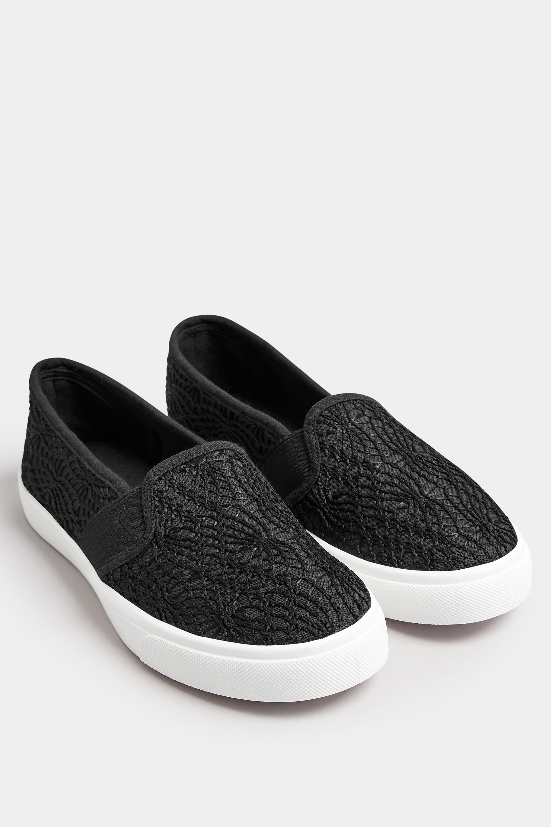 Black Broderie Anglaise Slip-On Trainers In Wide E Fit | Yours Clothing 2