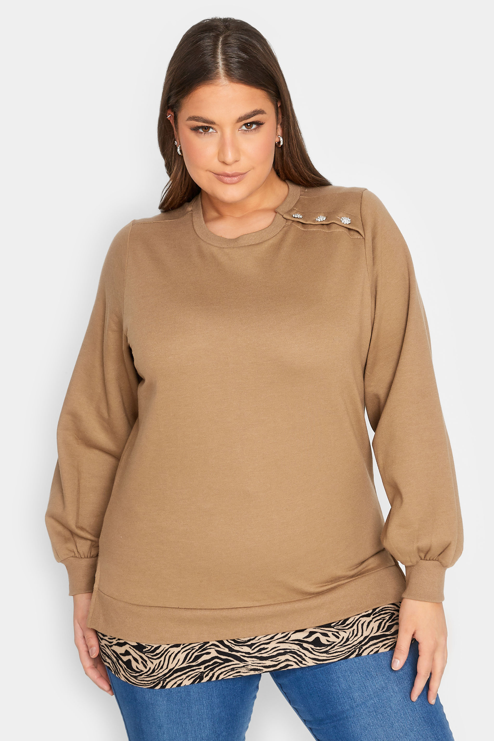Curve Plus Size Brown Zebra Print Hem Sweatshirt | Yours Clothing  1