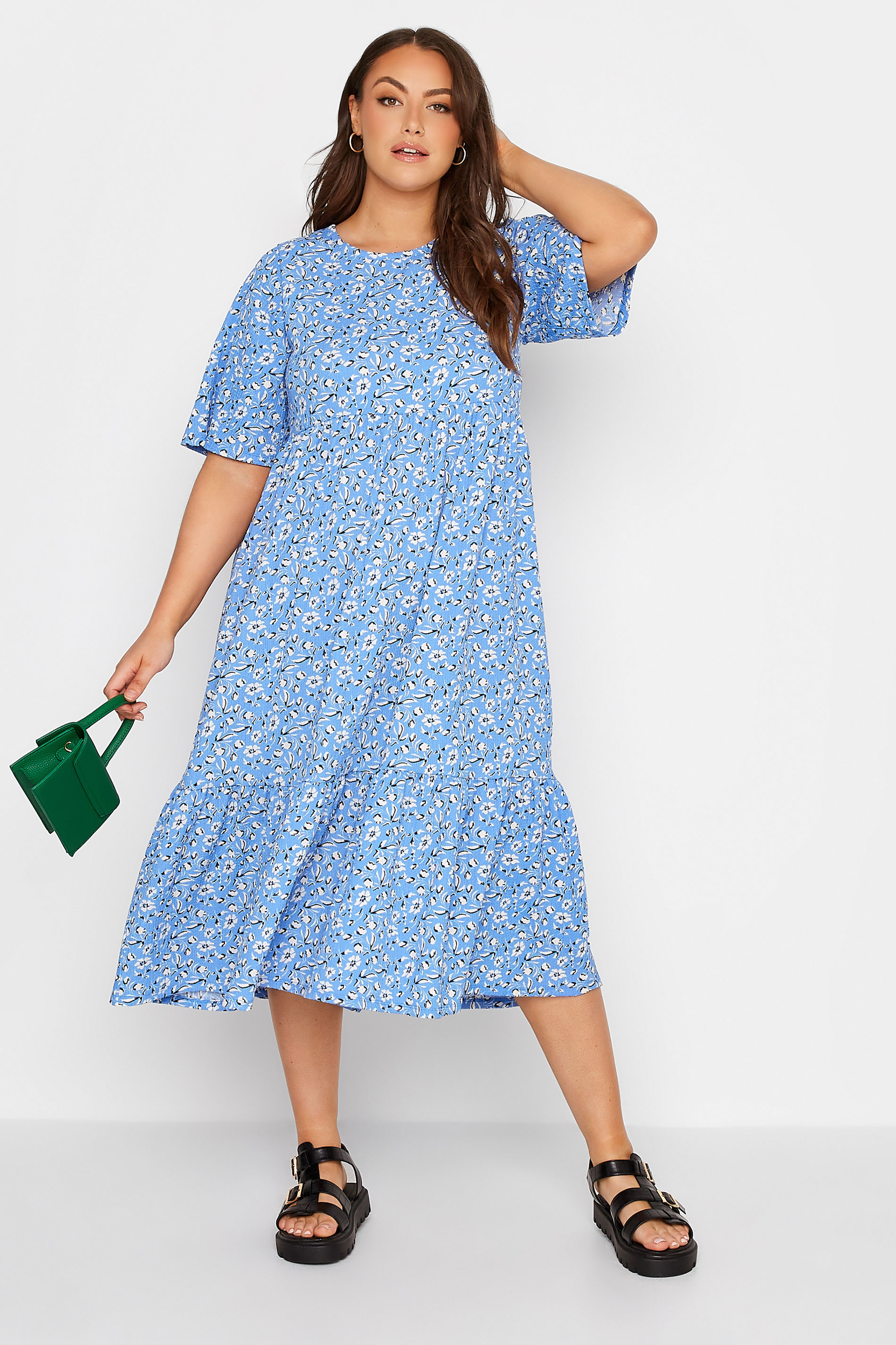 Robes Grande Taille Grande taille  Robes Mi-Longue | Curve Blue Ditsy Print Tiered Dress - MR04722
