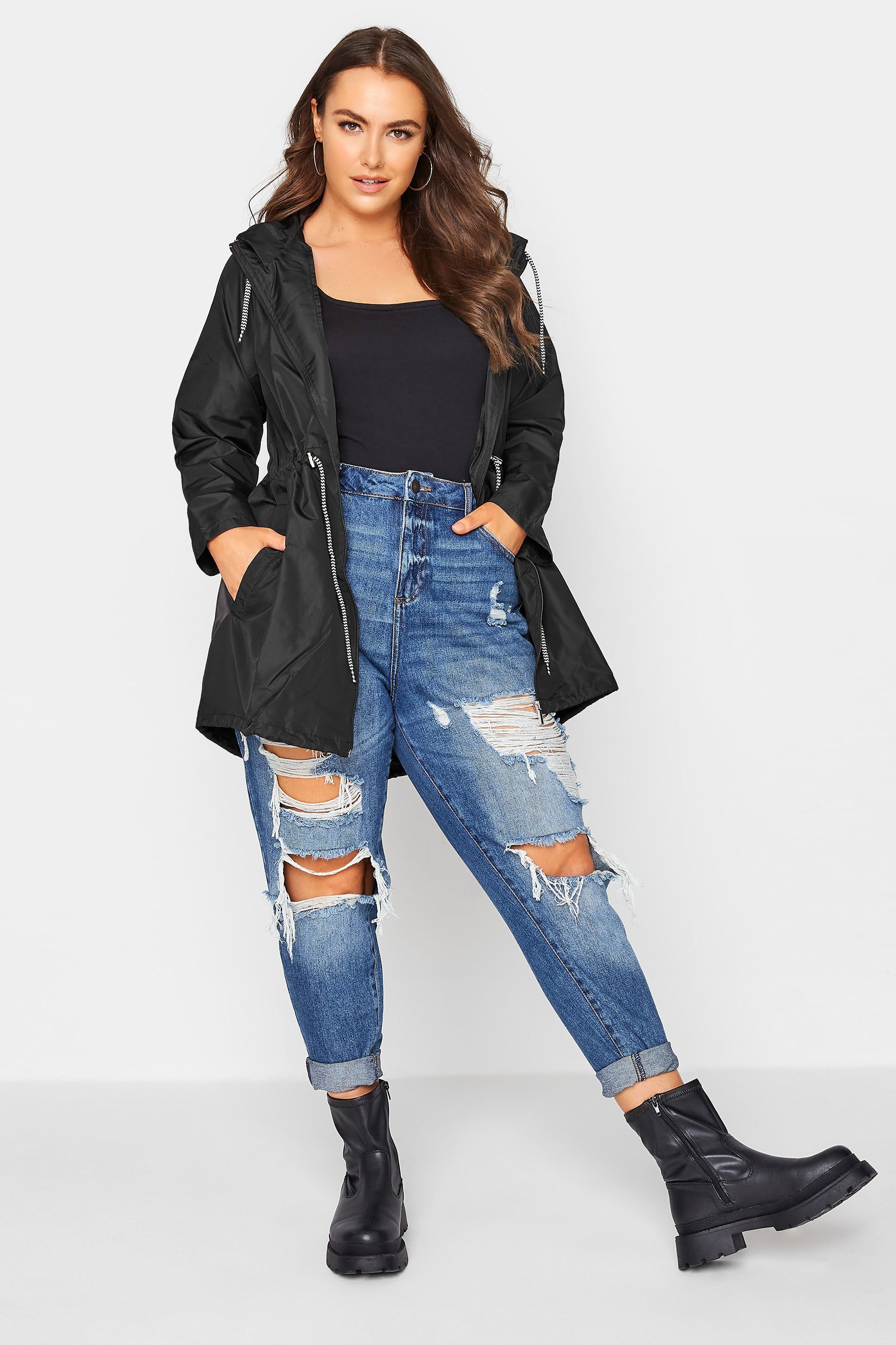 Plus Size Black Contrast Drawstring Pocket Parka | Yours Clothing