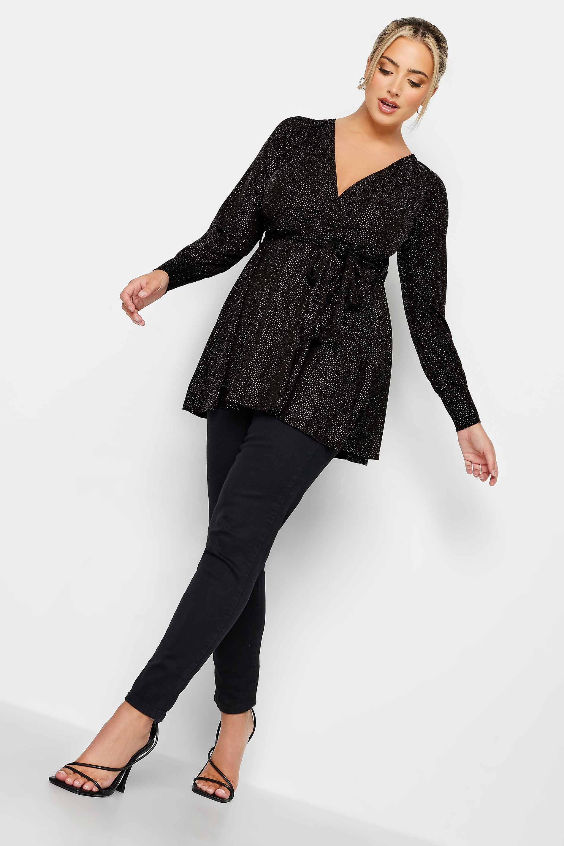 YOURS LONDON Plus Size Black Glitter Wrap Top | Yours Clothing 3