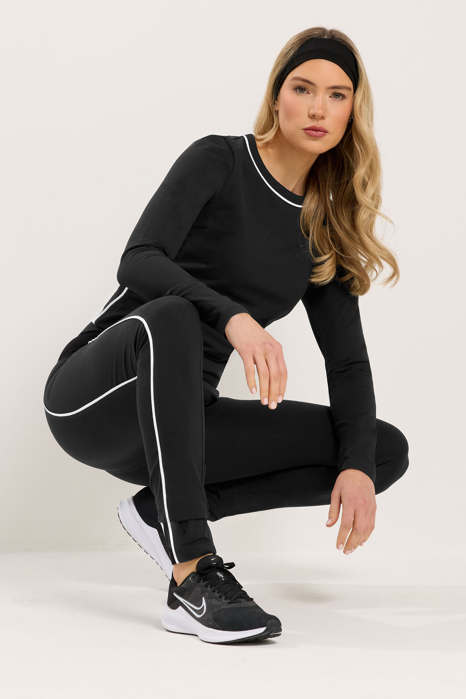 LTS Tall Set Women's Black Cotton Active Piped Long Sleeve Top & Leggings | Long Tall Sally 3