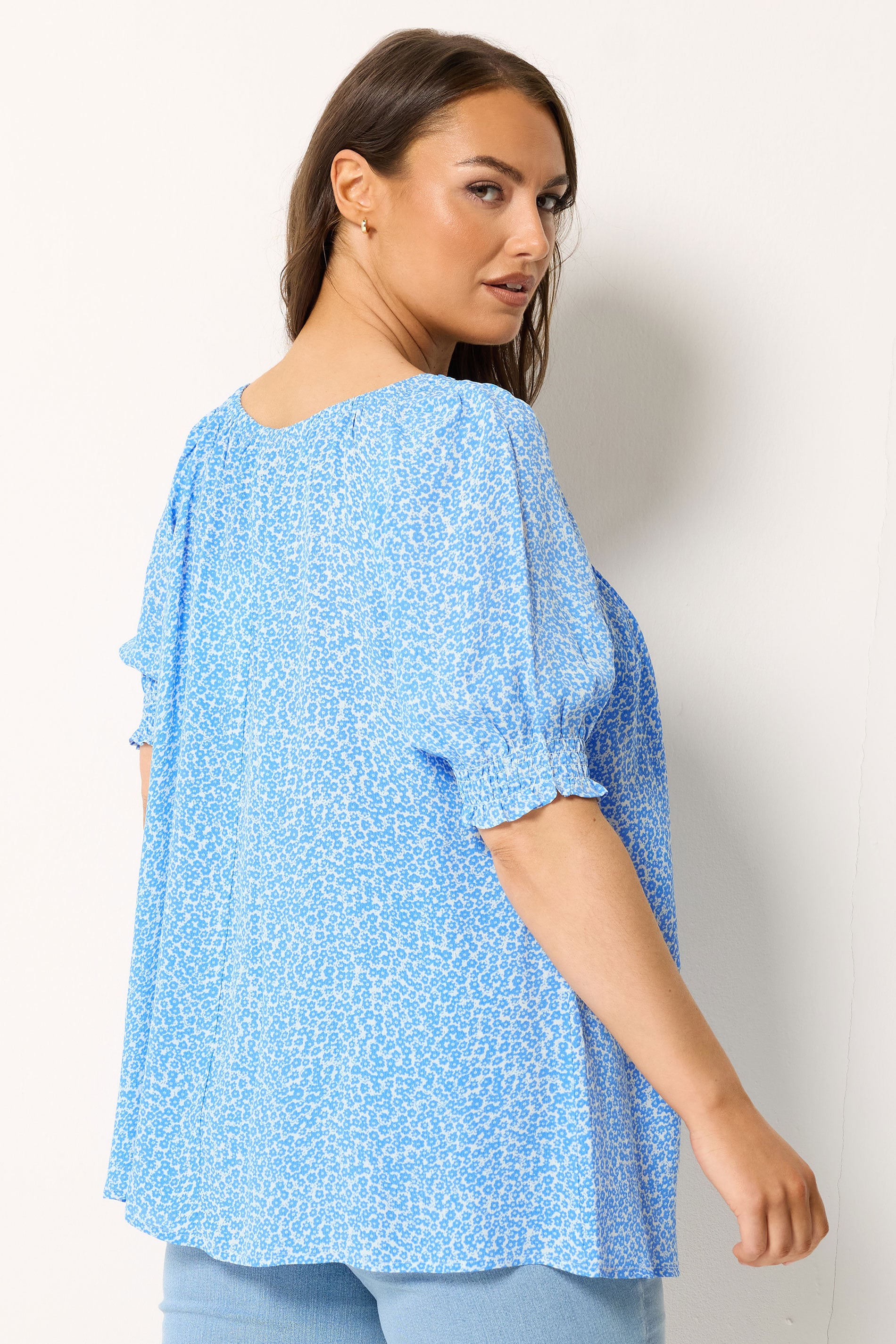 YOURS Plus Size Blue Ditsy Floral Tie Neck Blouse | Yours Clothing 2