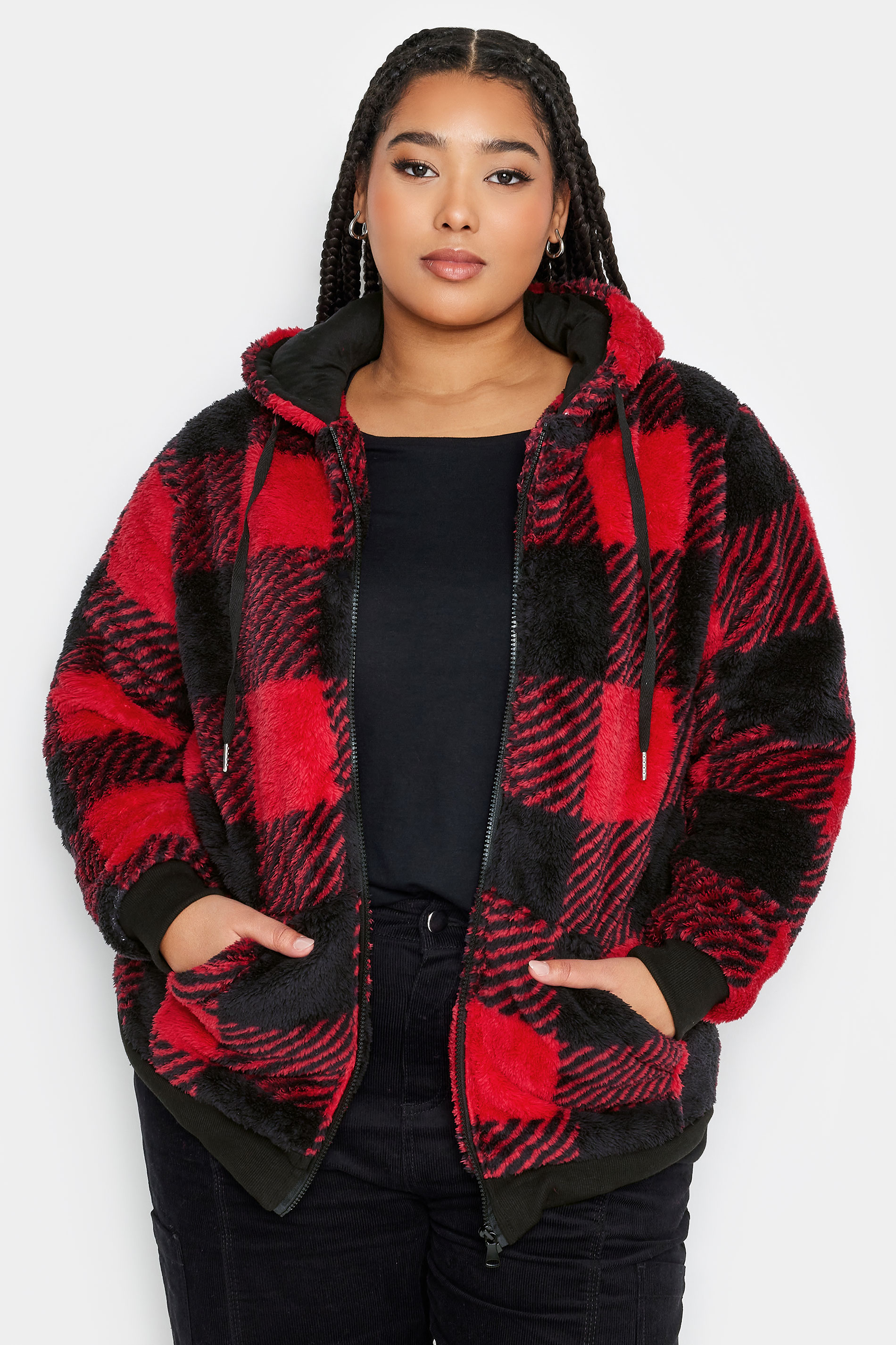 YOURS Plus Size Red Check Zip Through Fleece Hoodie | Yours Clothing 2