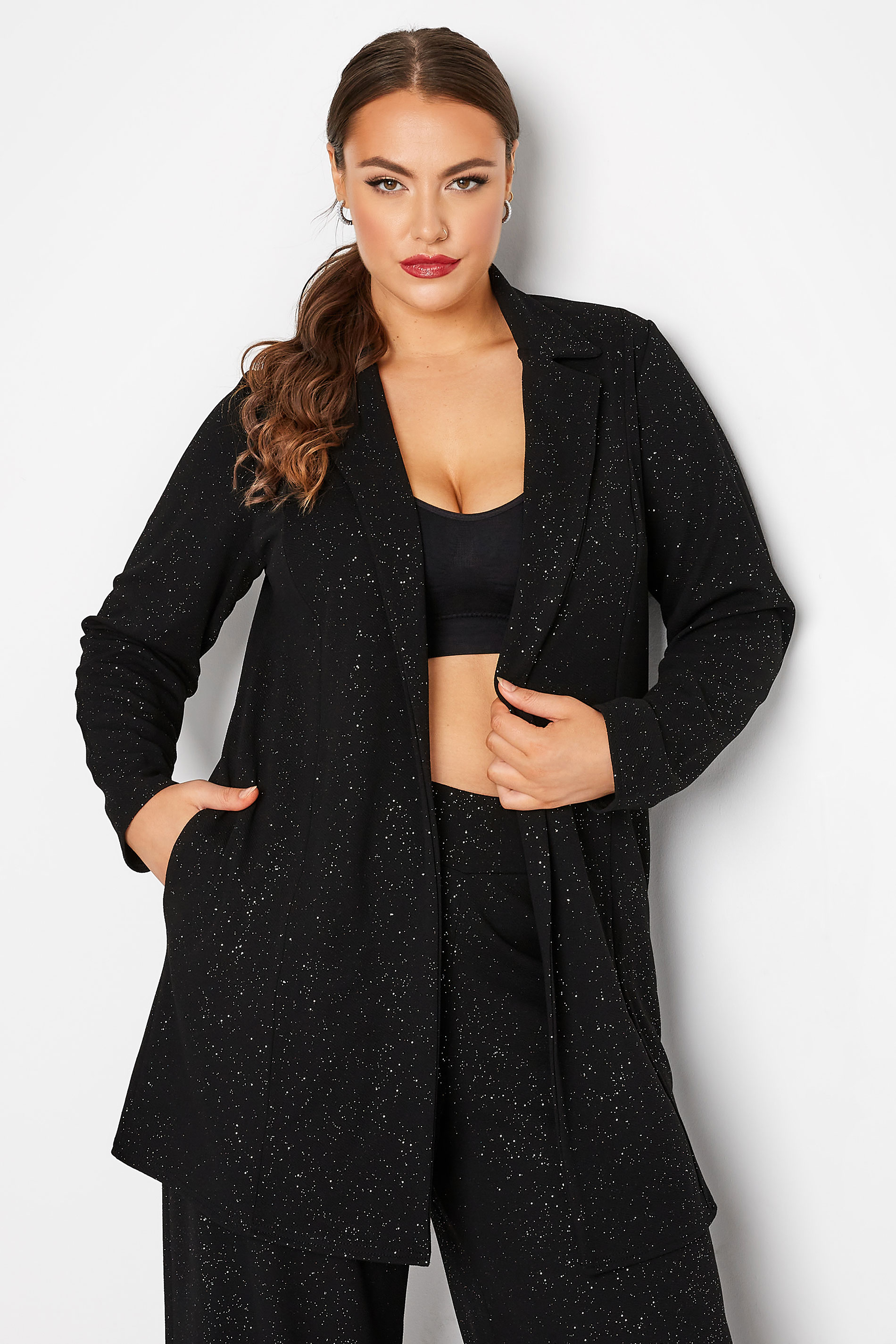 LIMITED COLLECTION Plus Size Black Glitter Longline Blazer | Yours Clothing 1