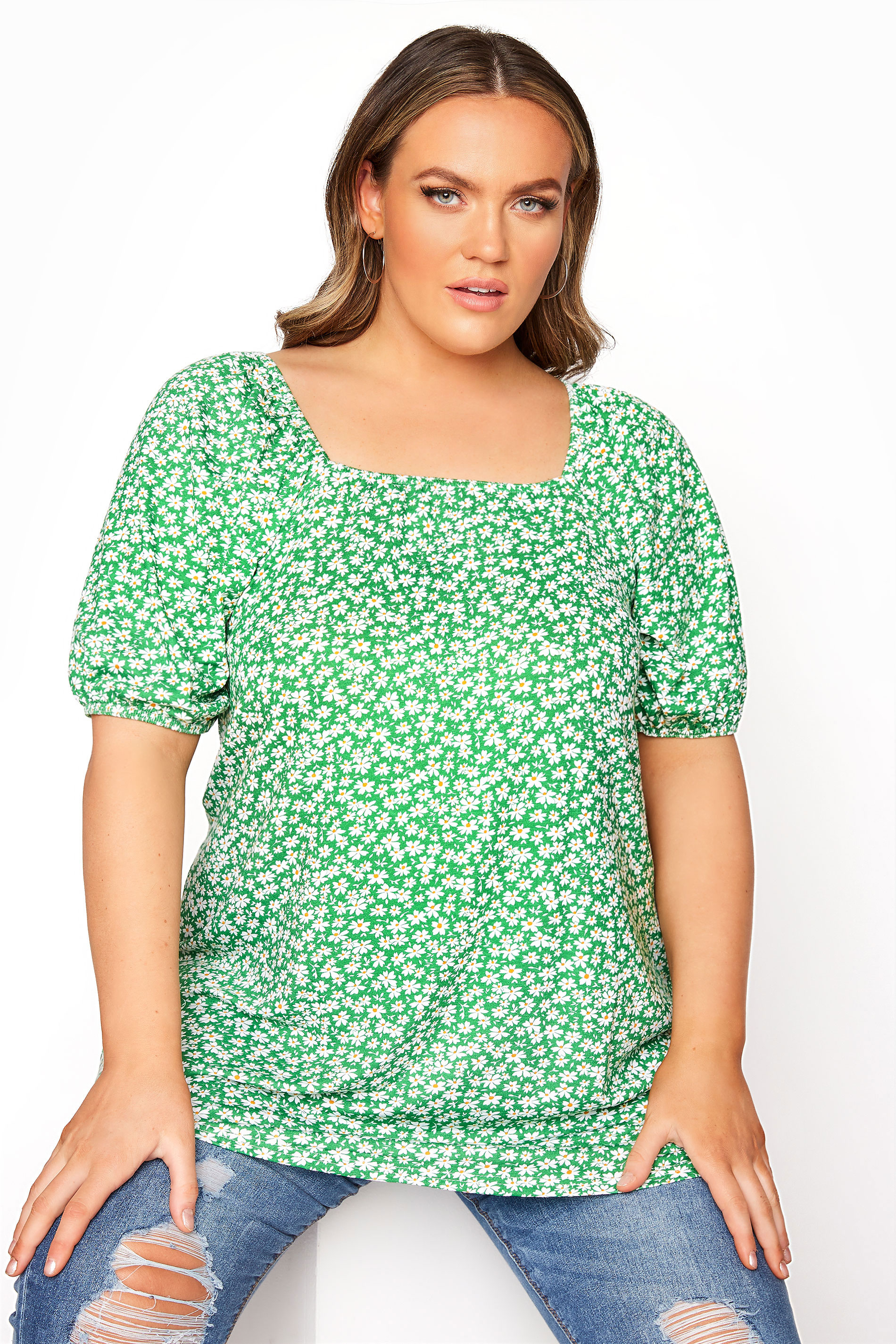 LIMITED COLLECTION Bright Green Daisy Print Square Neck Top