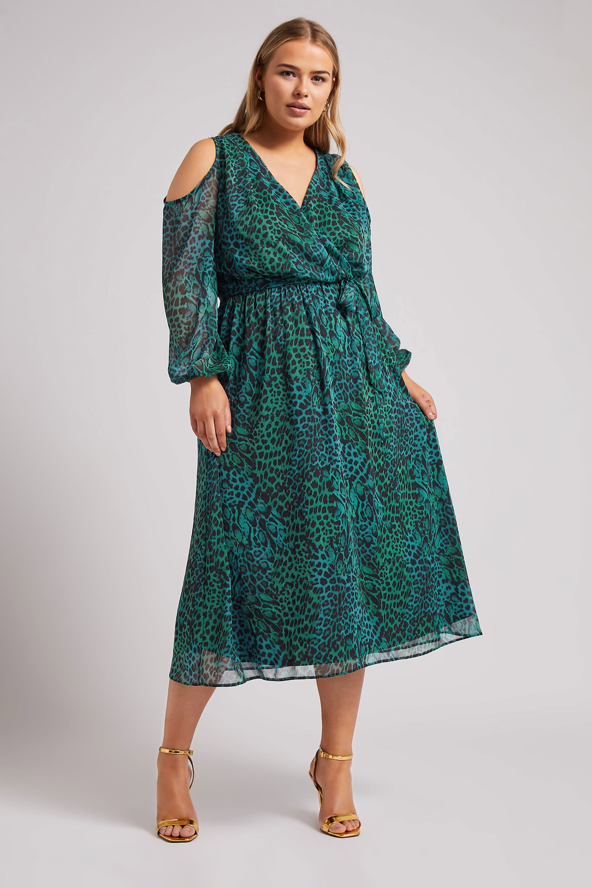 Yours London Curve Green Animal Print Cold Shoulder Dress, Womens Curve & Plus Size, Yours London