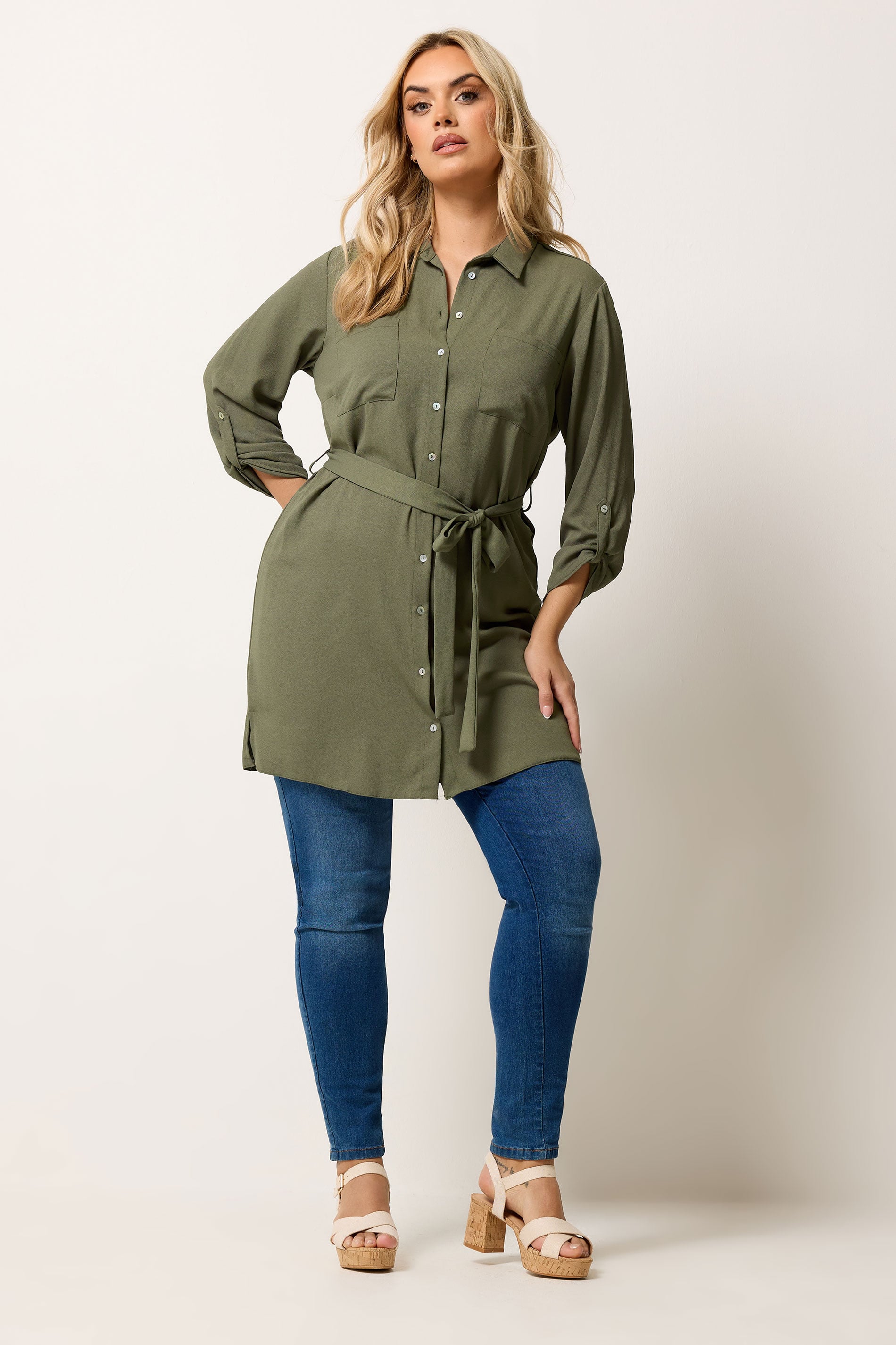 YOURS Plus Size Khaki Green Belted Tunic Shirt | Yours Clothing 1