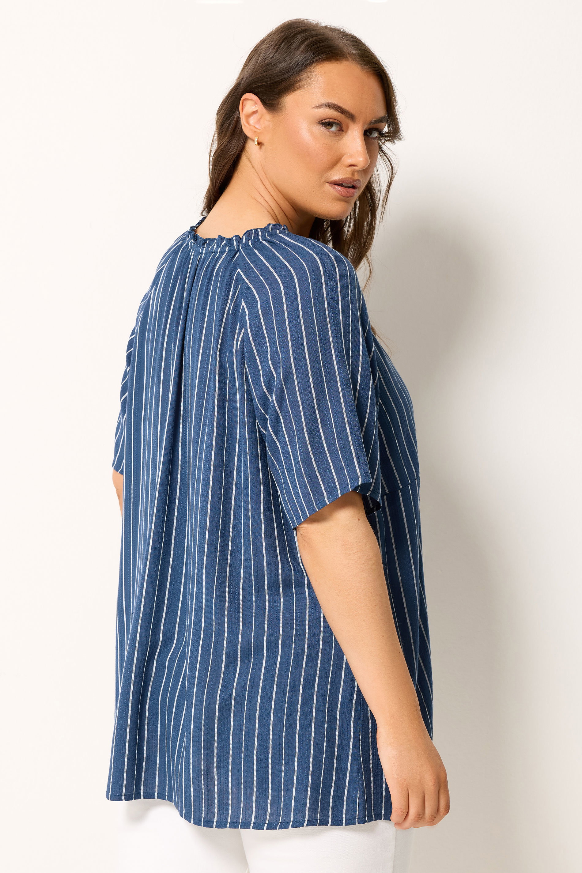 YOURS Plus Size Navy Blue Stripe Notch Neck Embroidered Blouse | Yours Clothing 2