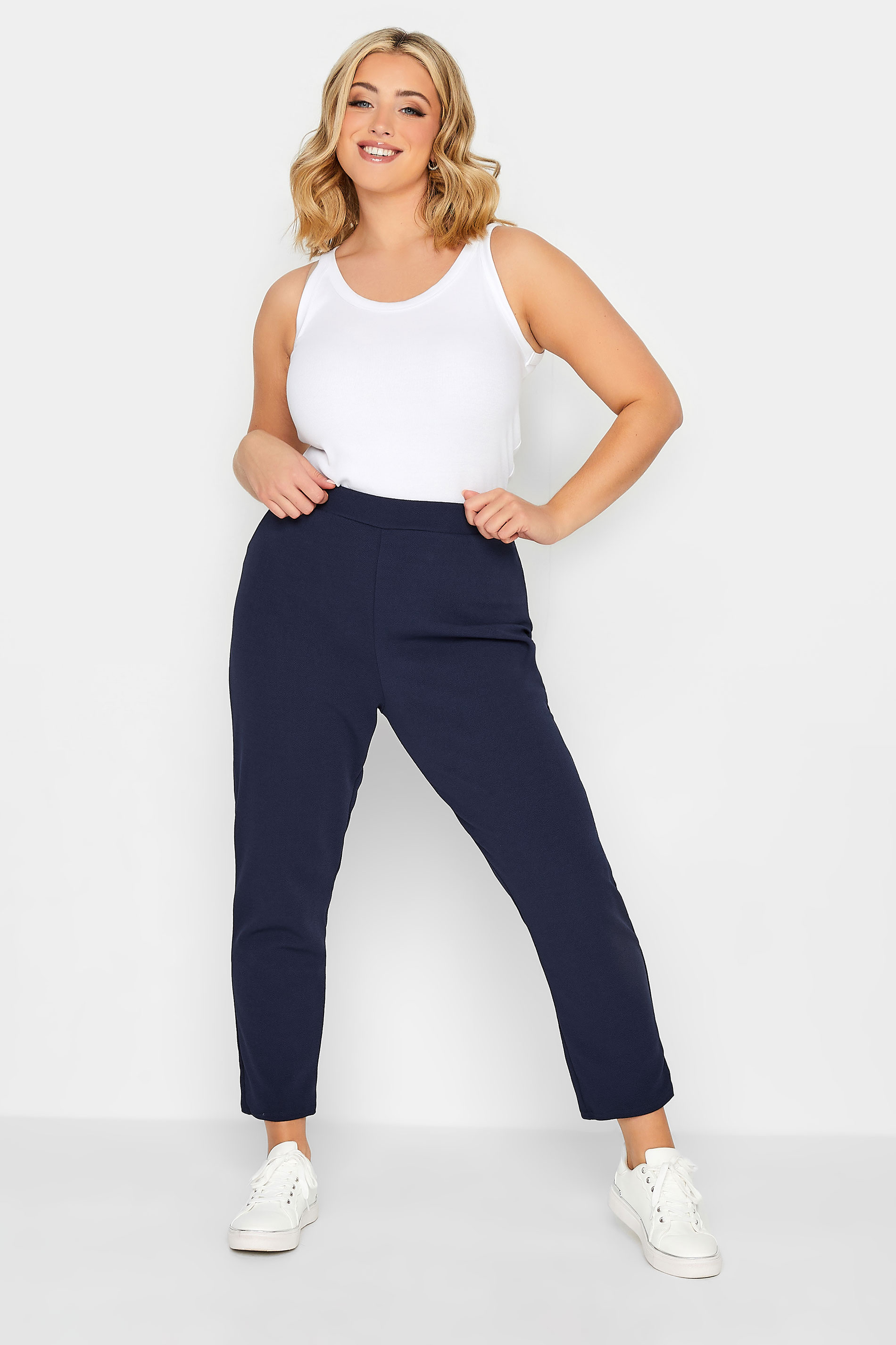 YOURS PETITE Plus Size Navy Blue Textured Slim Leg Trousers | Yours Clothing 2
