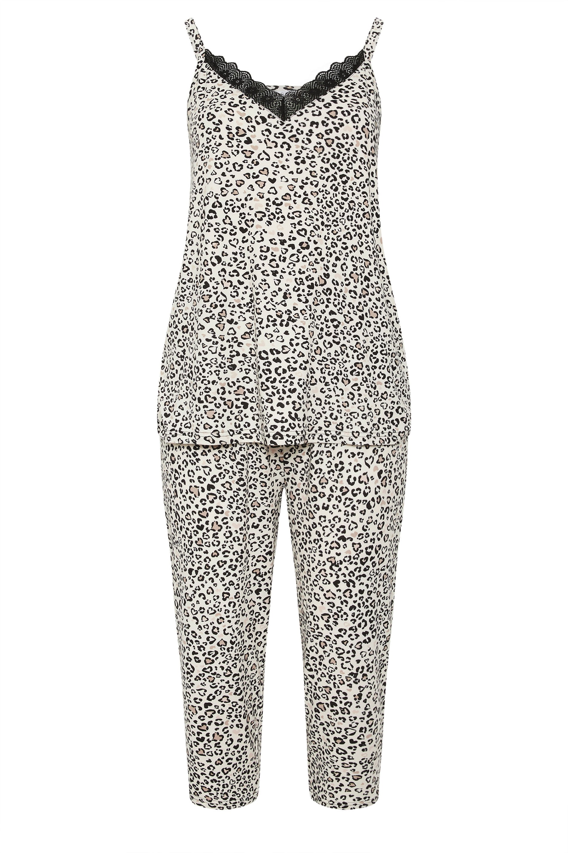 YOURS Plus Size Ivory White Leopard Soft Touch Cropped Pyjama Set | Yours Clothing 5