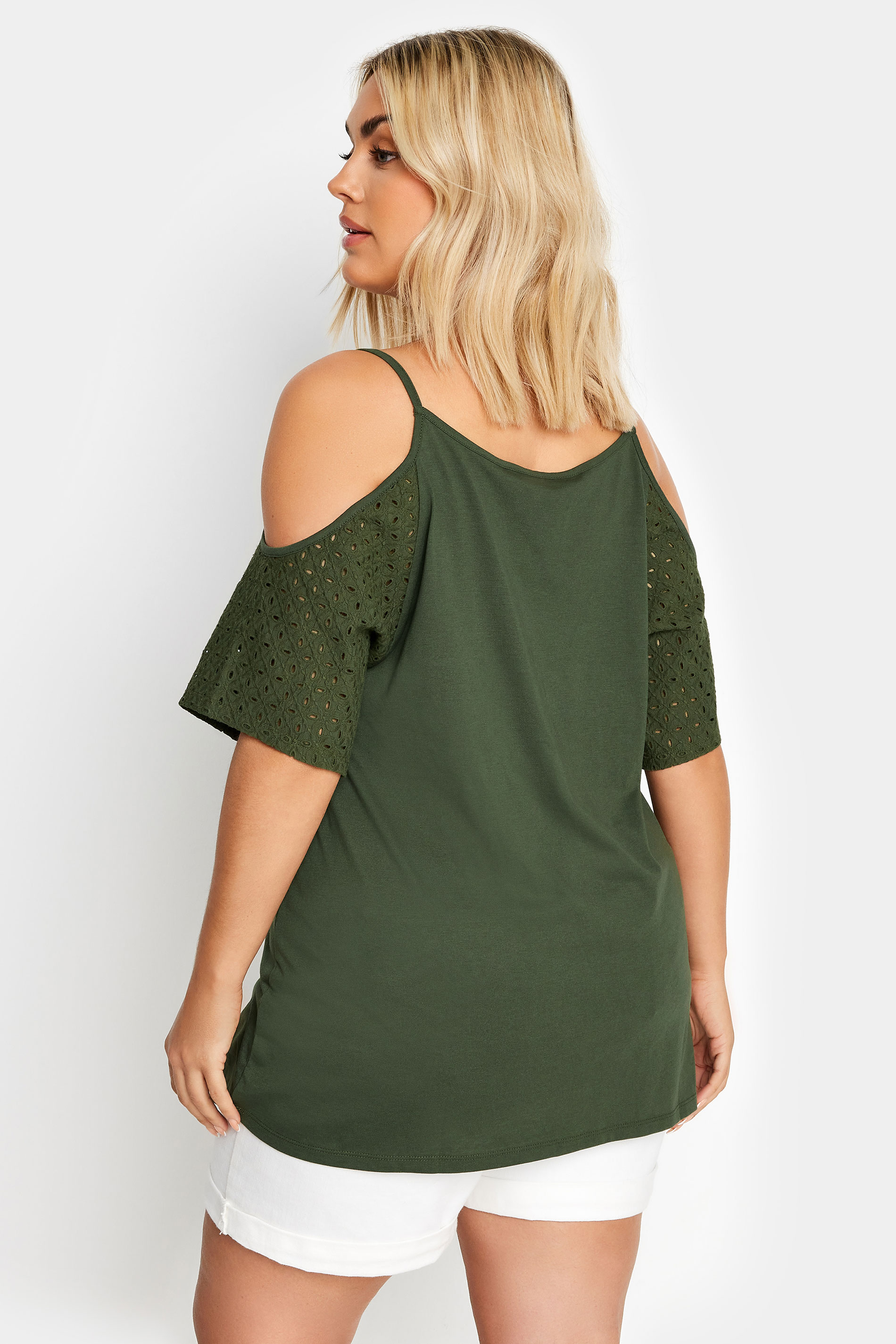 YOURS Plus Size Khaki Green Broderie Anglaise Cold Shoulder Top | Yours Clothing 3