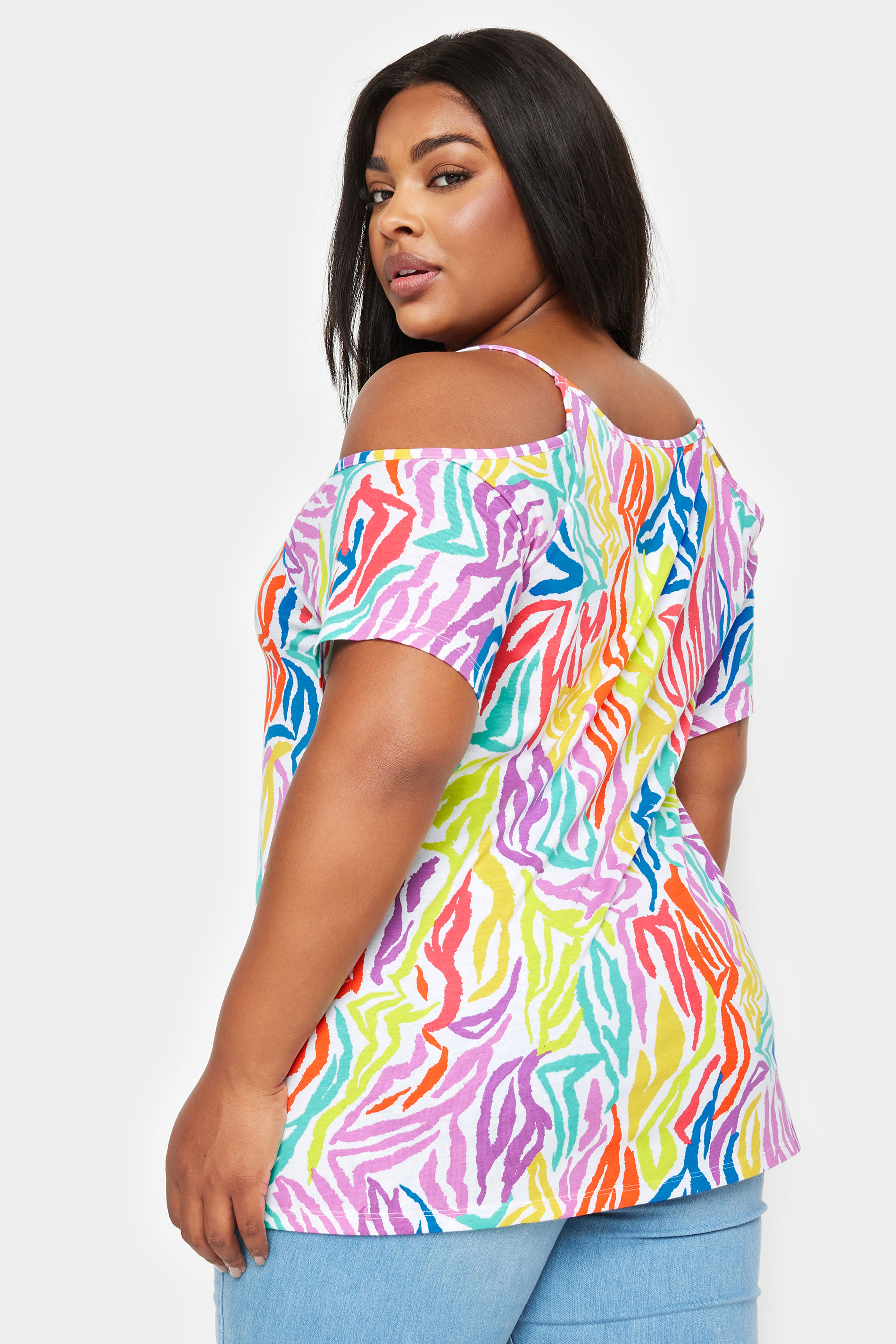 YOURS Plus Size White Rainbow Zebra Print Cold Shoulder Top | Yours Clothing 3