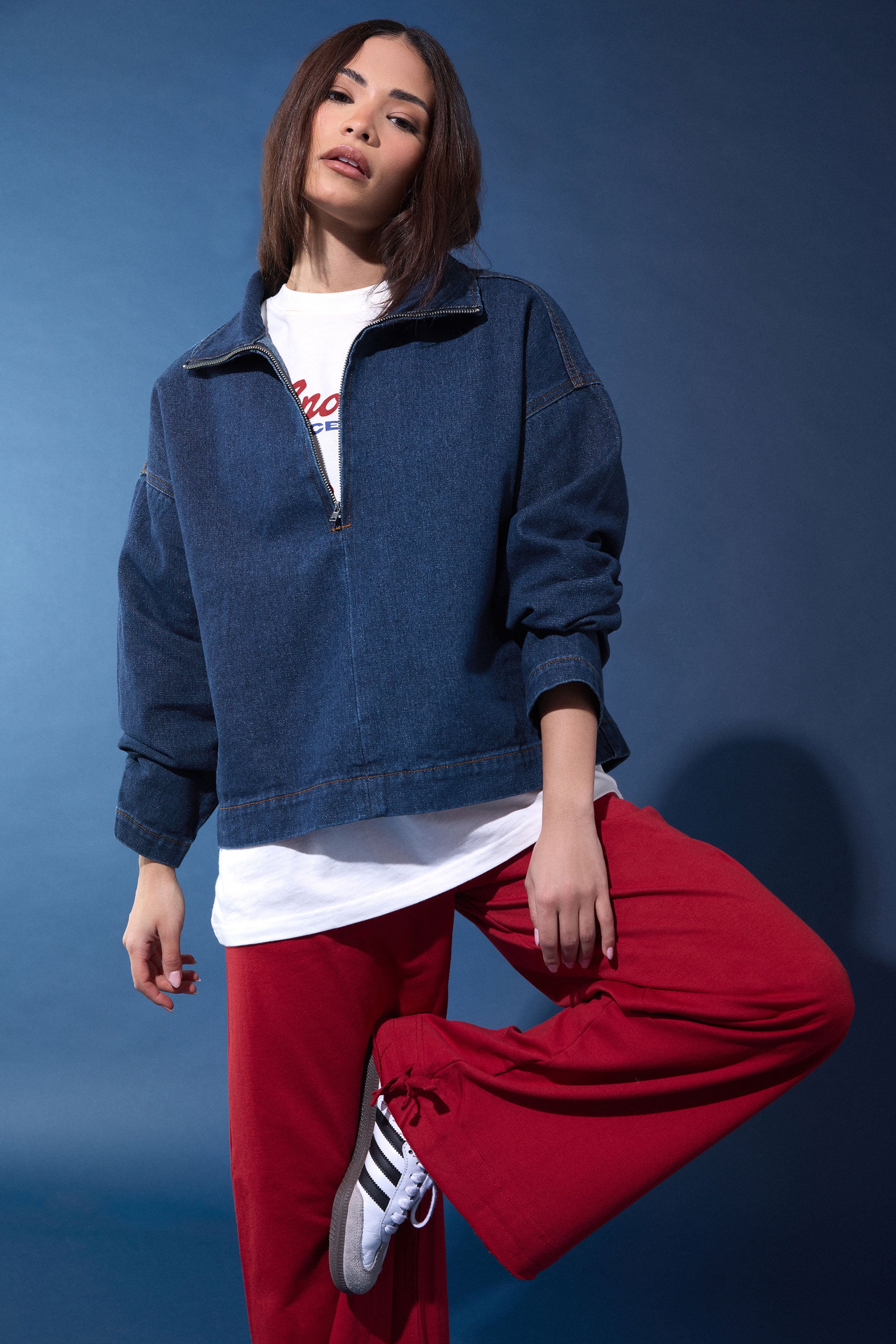 PixieGirl Petite Women's Dark Blue Denim Quarter Zip Cotton Top | PixieGirl 3