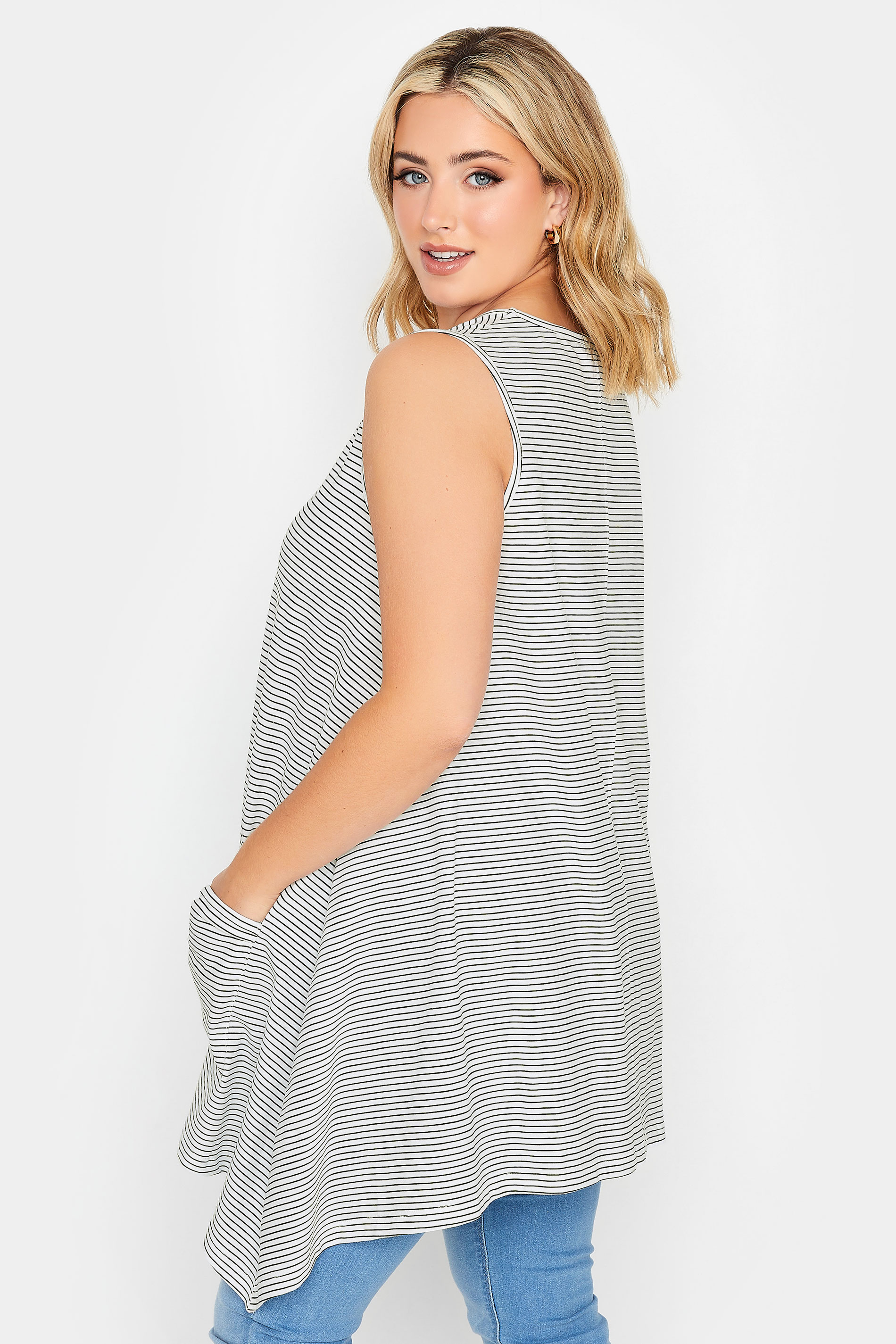 YOURS Curve Plus Size White Stripe Print Hanky Hem Vest Top | Yours Clothing  3