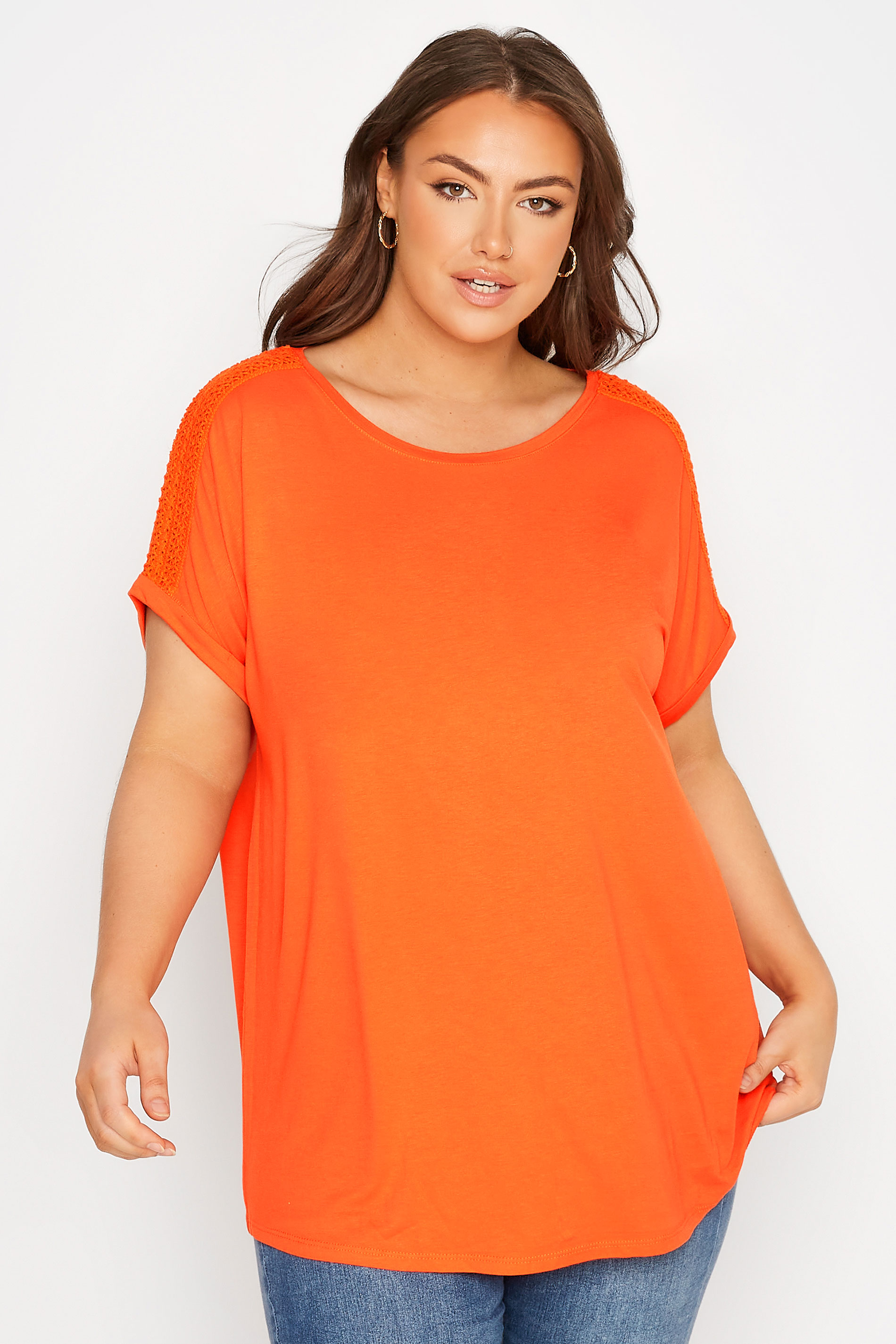 Plus Size Orange Crochet Shoulder T-Shirt | Yours Clothing 1