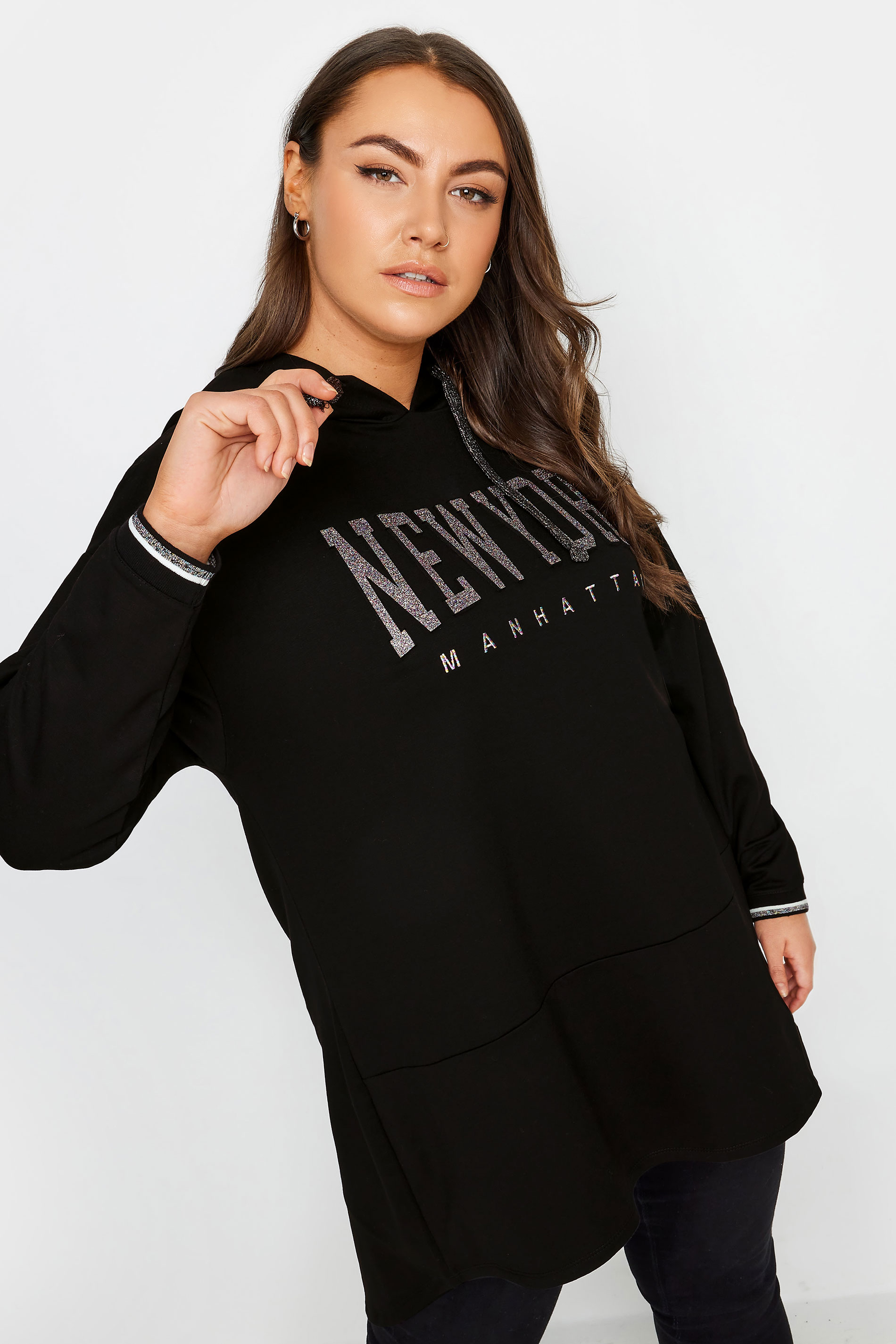 YOURS Plus Size Black 'New York' Glitter Embellished Hoodie | Yours Clothing 1