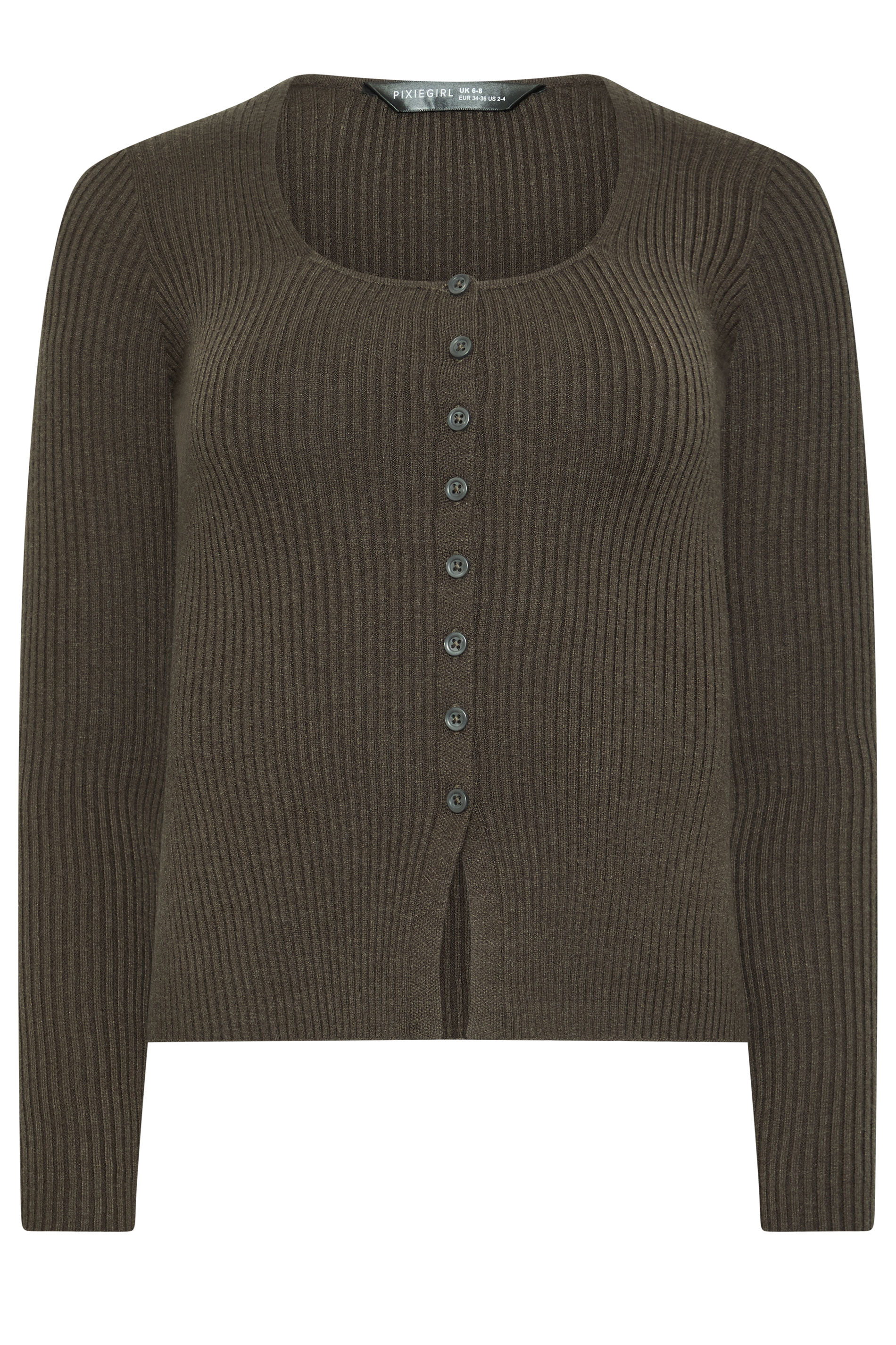PixieGirl Petite Women's Chocolate Brown Ribbed Button Scoop Neck Jumper | PixieGirl  1