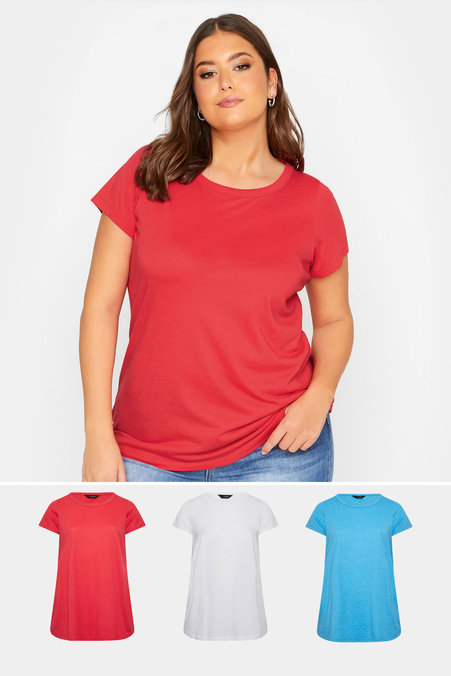 YOURS Curve Plus Size 3 PACK Red & White Essential T-Shirts | Yours Clothing  1