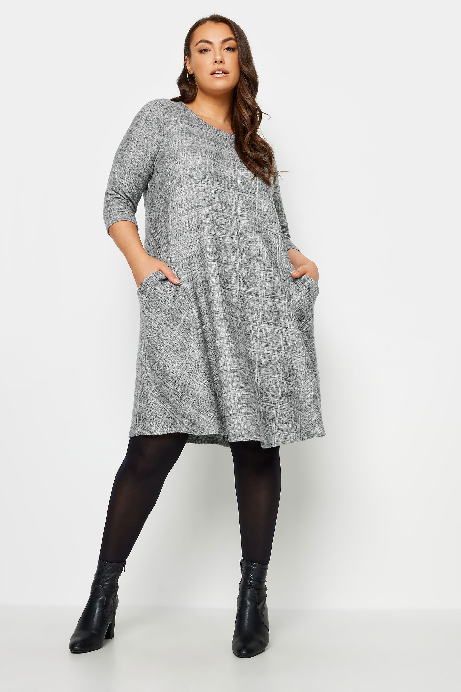 YOURS Plus Size Grey Check Print Soft Touch Mini Dress | Yours Clothing 1