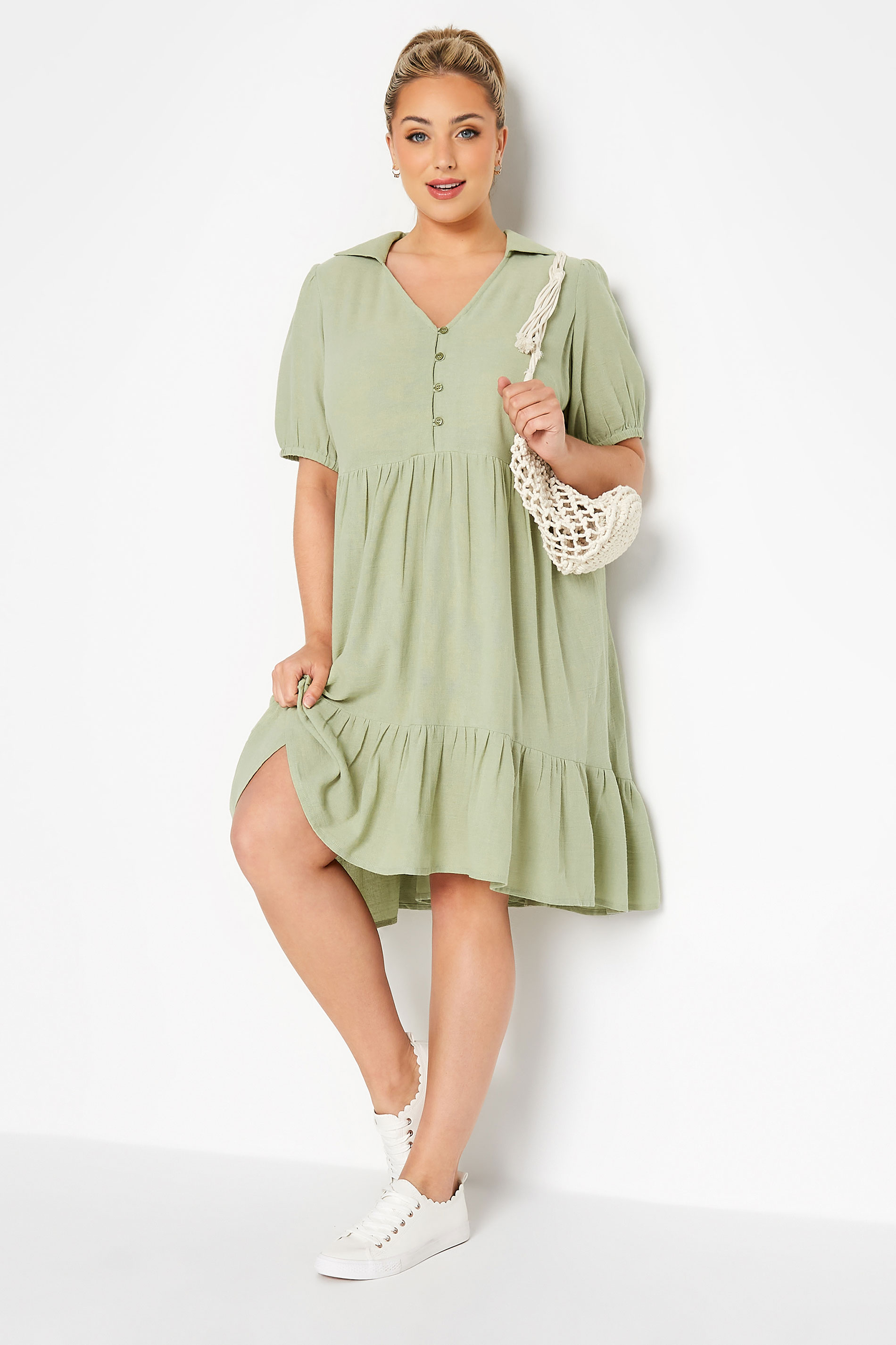 Robes Grande Taille Grande taille  Robes Mi-Longue | LIMITED COLLECTION - Robe Verte Pastel Manches Courtes Volantée - UX51127