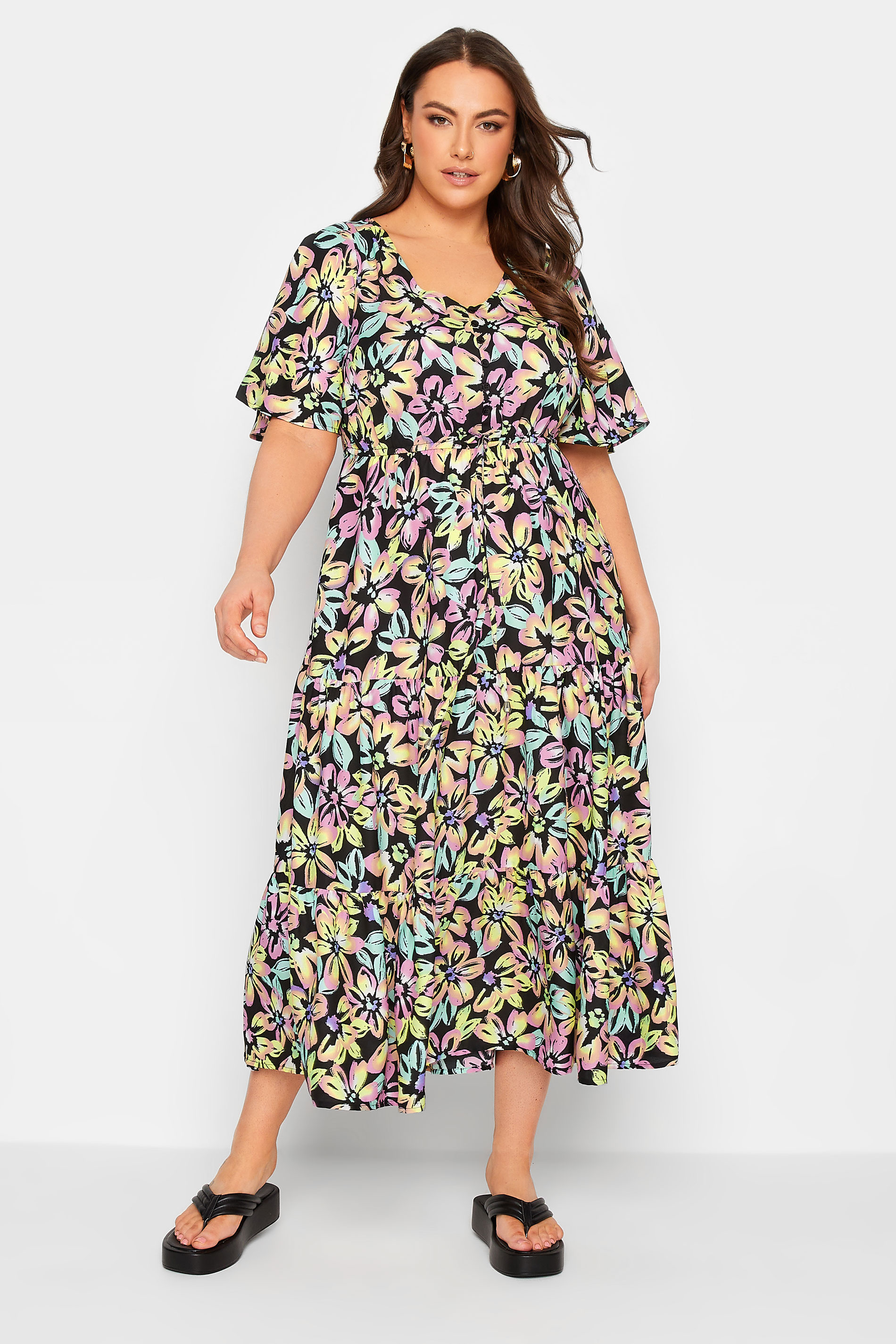YOURS Plus Size Black Neon Floral Tiered Midi Dress | Yours Clothing 1