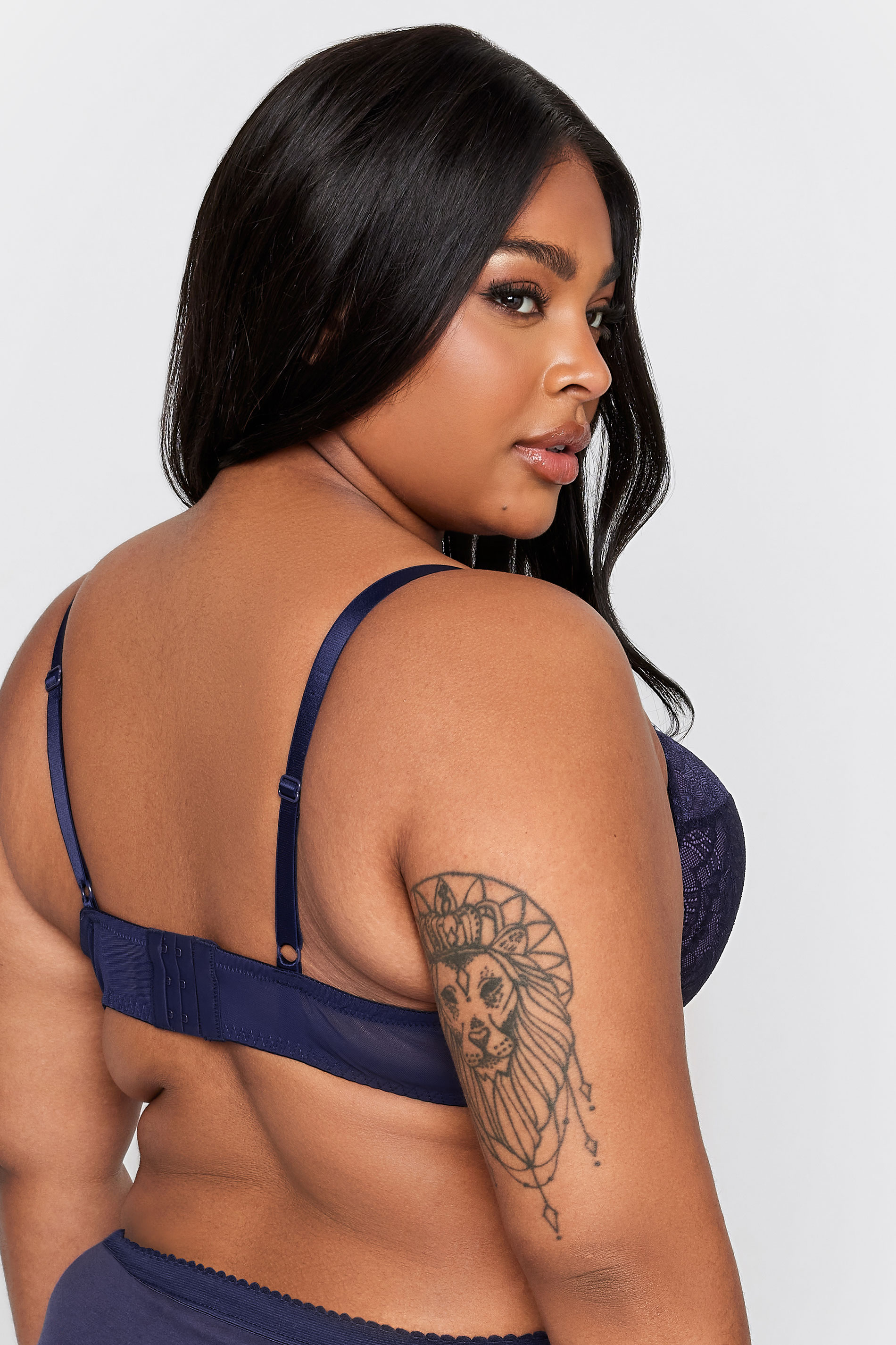 Plus Size Ink Blue Lace Padded Underwired Plunge Bra | Yours Clothing 2