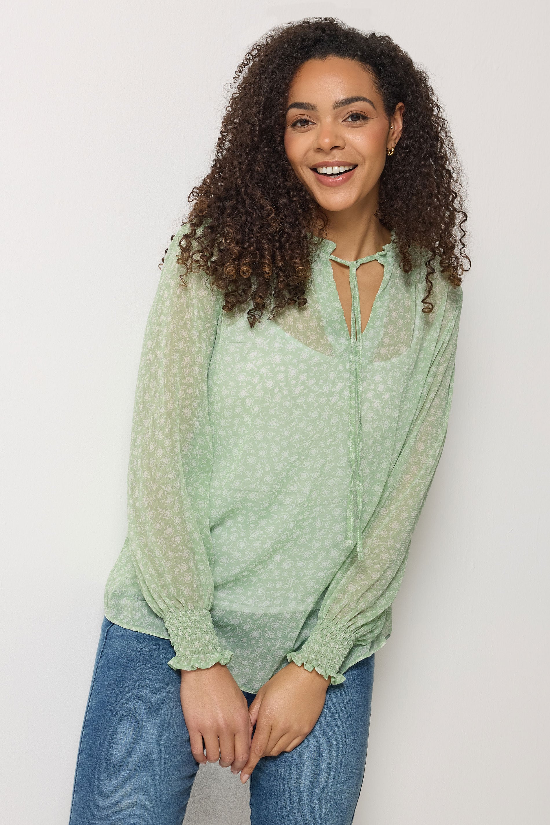 M&Co Green & White Floral Tie Neck Blouse | M&Co 3