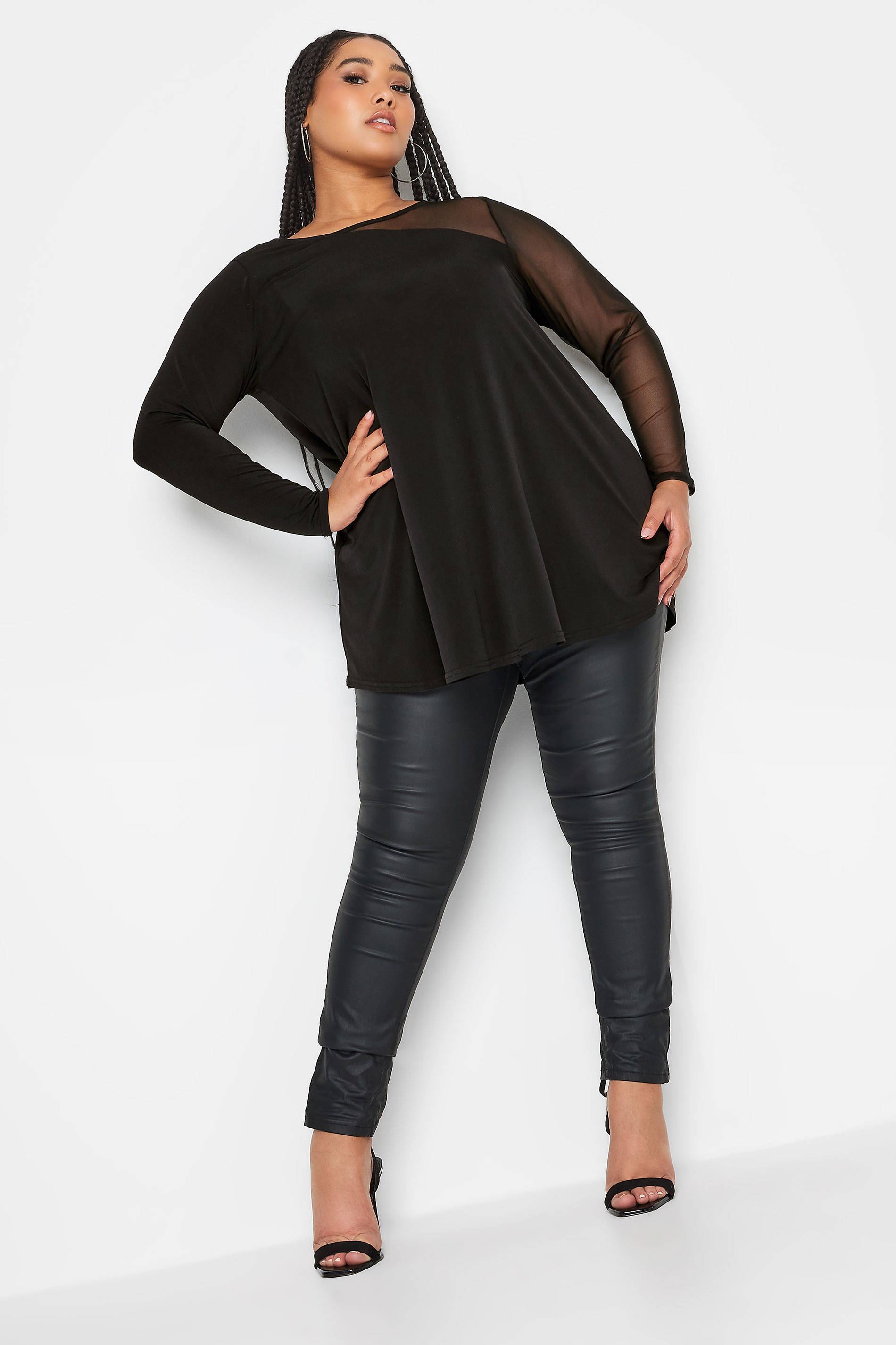 LIMITED COLLECTION Plus Size Black Half Mesh Sleeve Swing Top | Yours Clothing 3
