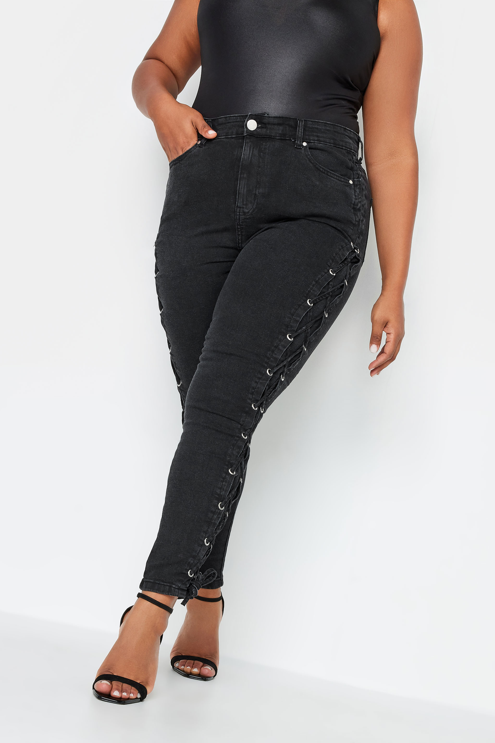 YOURS Plus Size Black Lace Up Detail Skinny AVA Jeans | Yours Clothing 1
