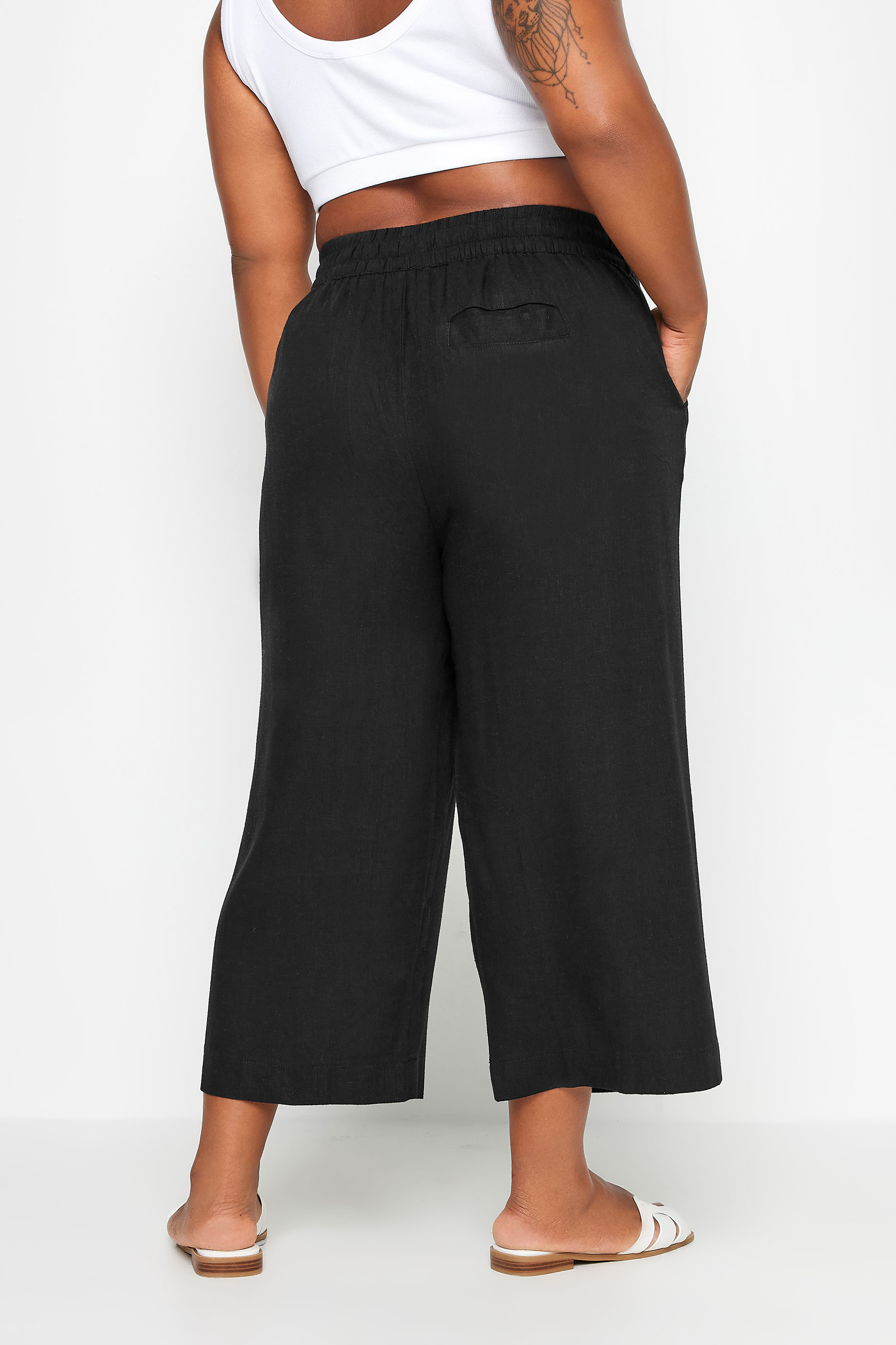 YOURS Plus Size Black Wide Leg Cropped Linen Trousers | Yours Clothing 3