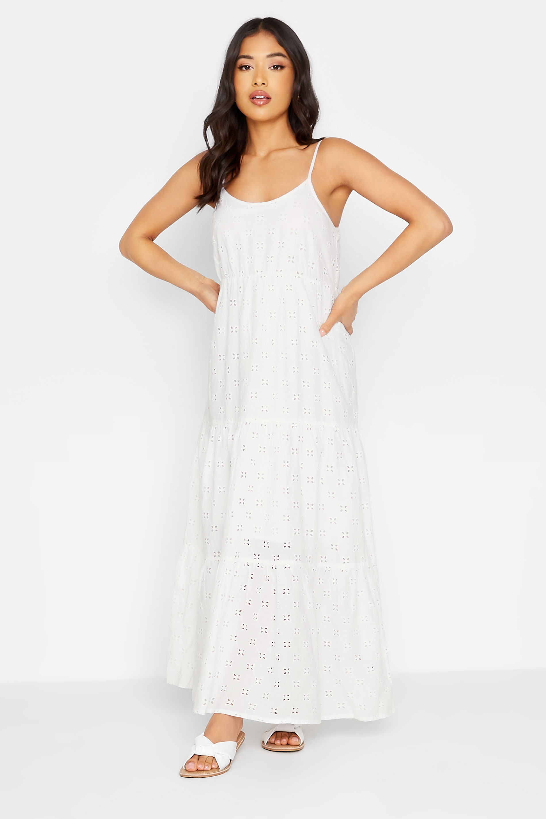 Petite White Broderie Strap Maxi Dress | PixieGirl