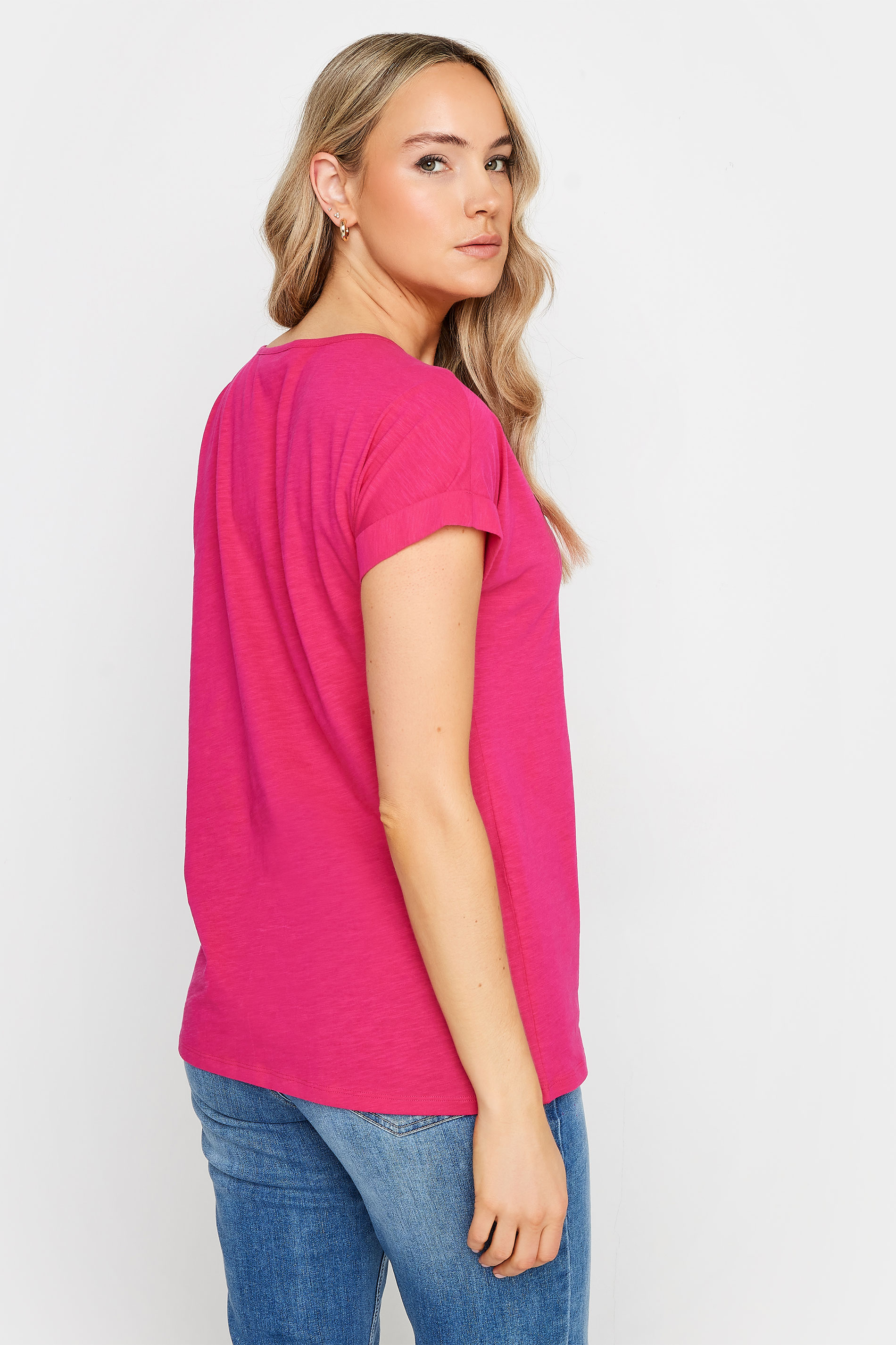 LTS Tall Women's Bright Pink Cotton Henley T-Shirt | Long Tall Sally 3