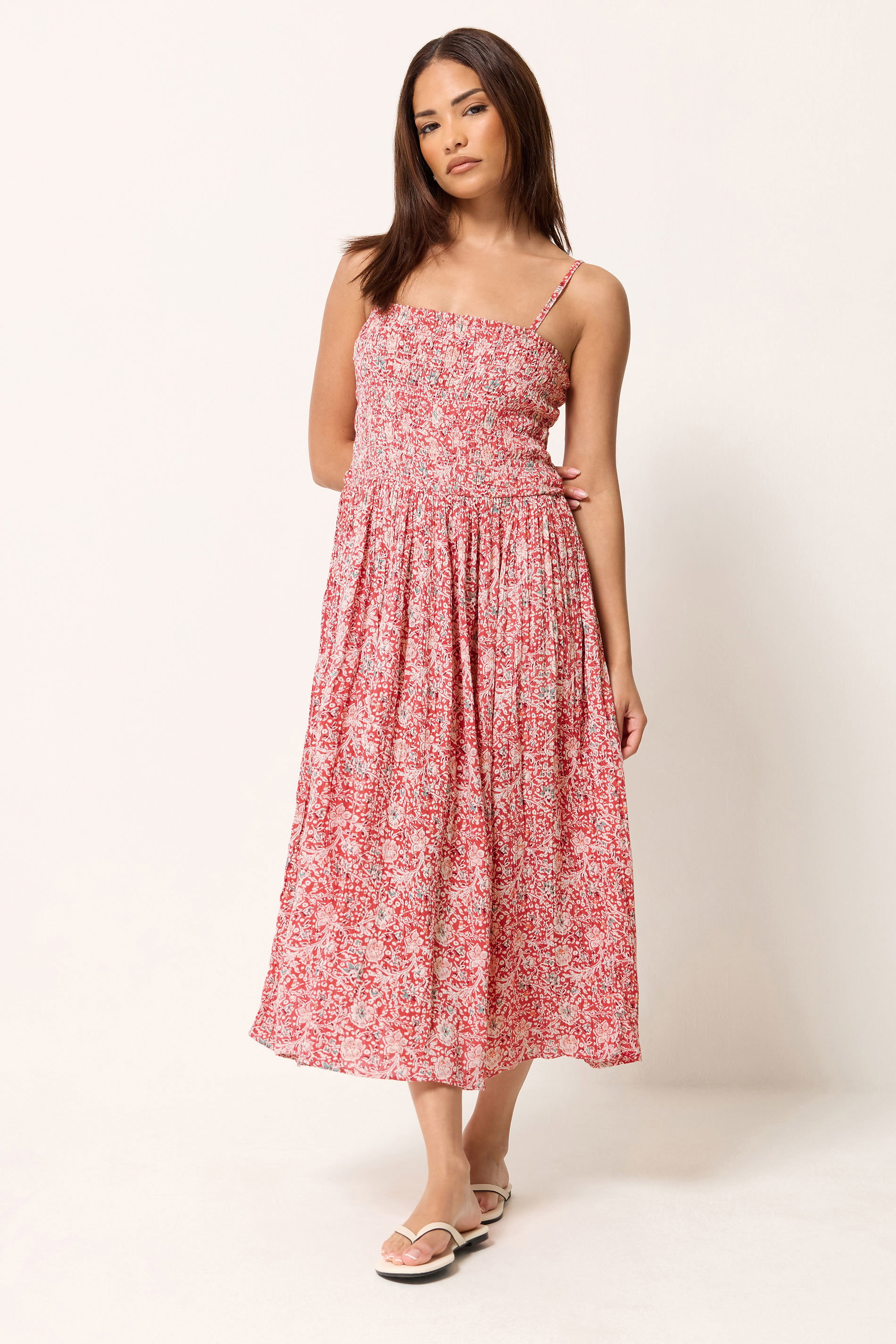 PixieGirl Petite Women's Red Floral Shirred Linen Midi Dress | PixieGirl 1