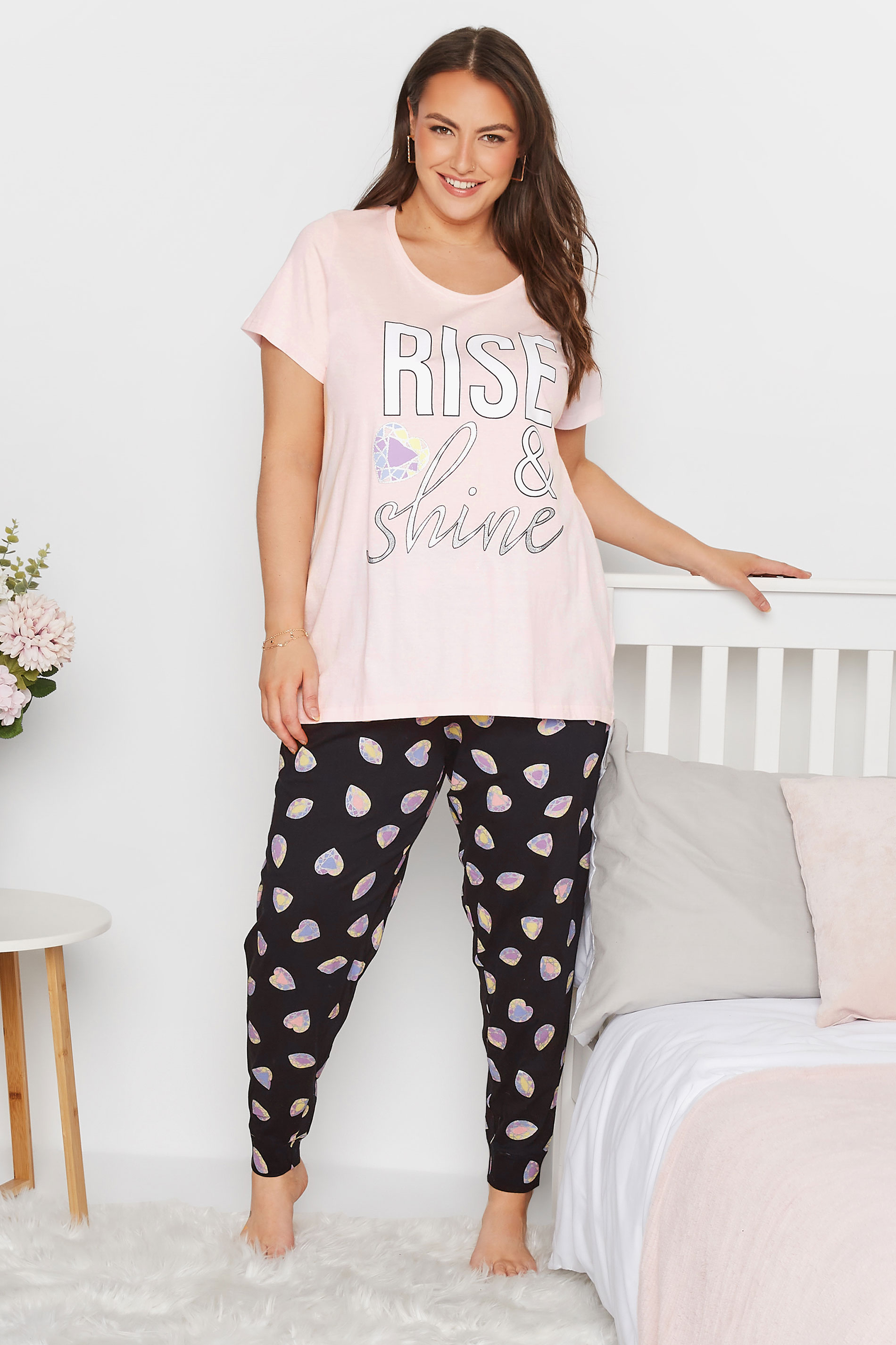 Plus Size Pink 'Rise & Shine' Cuffed Cotton Pyjama Set | Yours Clothing 1
