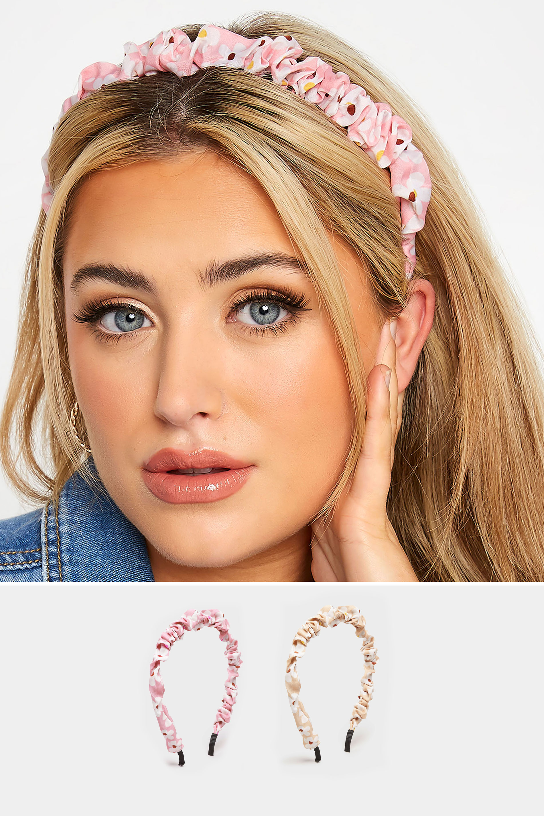 2 PACK Pink Floral Ruched Headbands | Yours Clothing 1