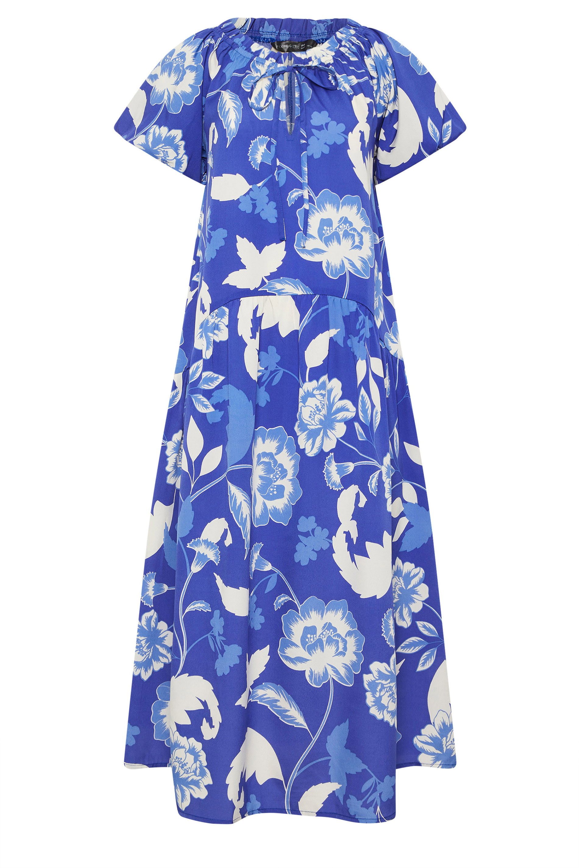 PixieGirl Petite Women's Blue Floral Tie Neck Midi Dress | PixieGirl 6