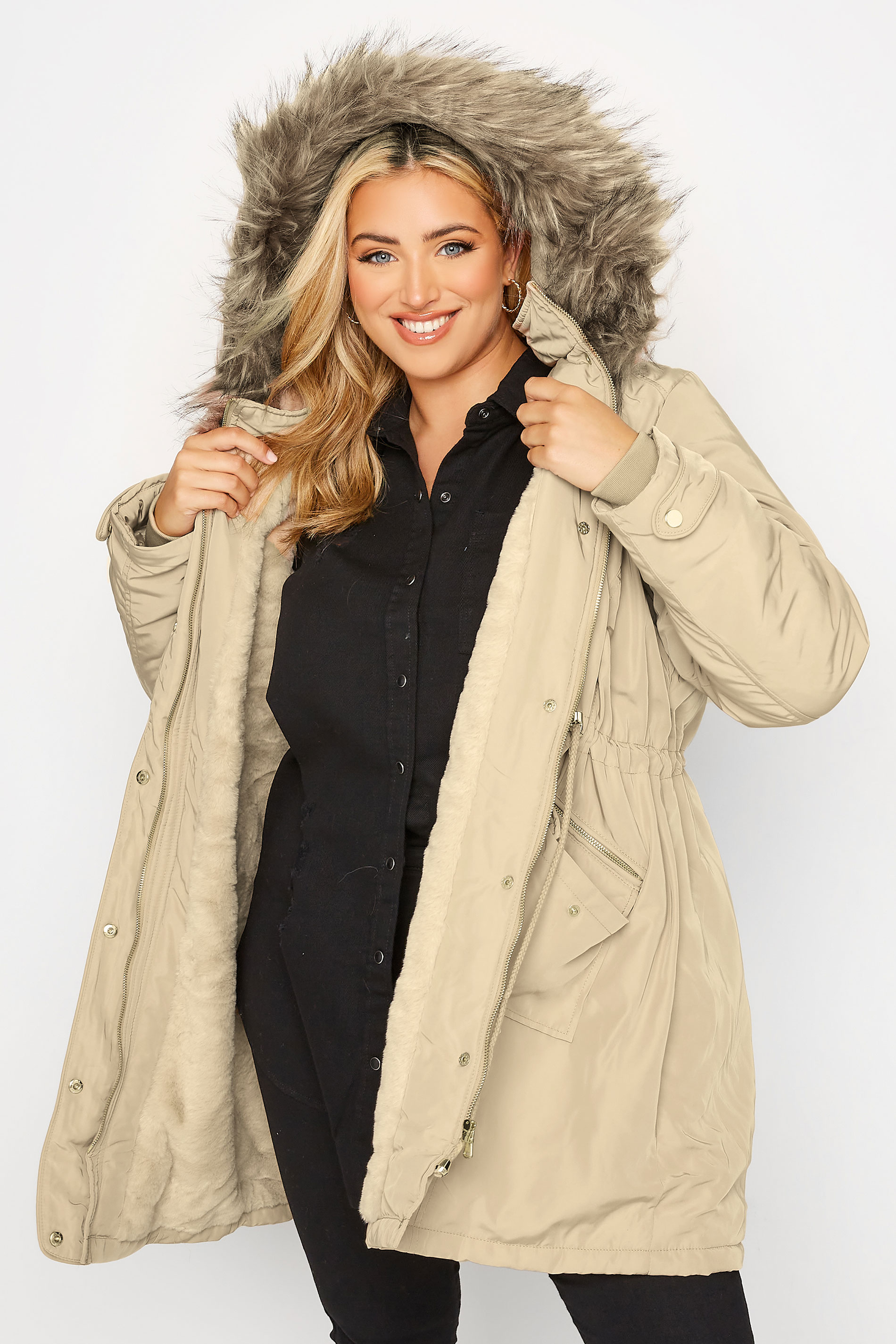 Plus Size Natural Brown Plush Fur Trim Parka Coat | Yours Clothing 1