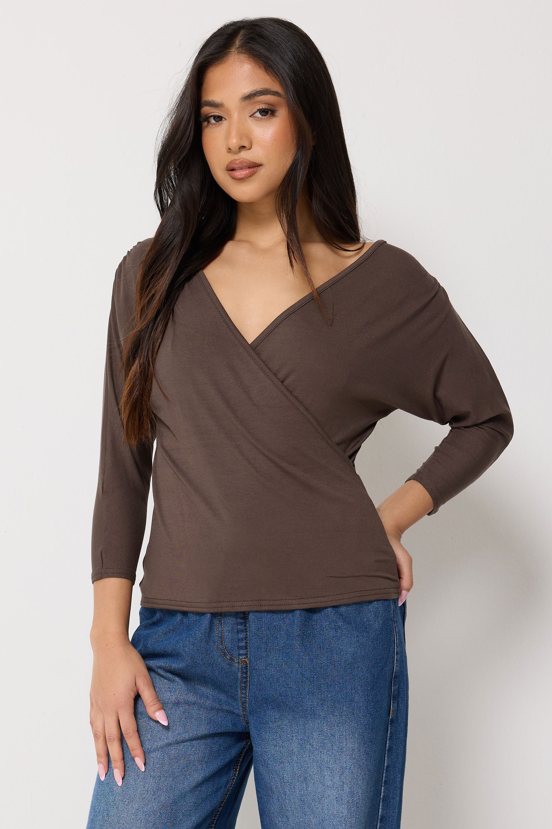 PixieGirl Petite Women's Chocolate Brown Wrap Top | PixieGirl 3