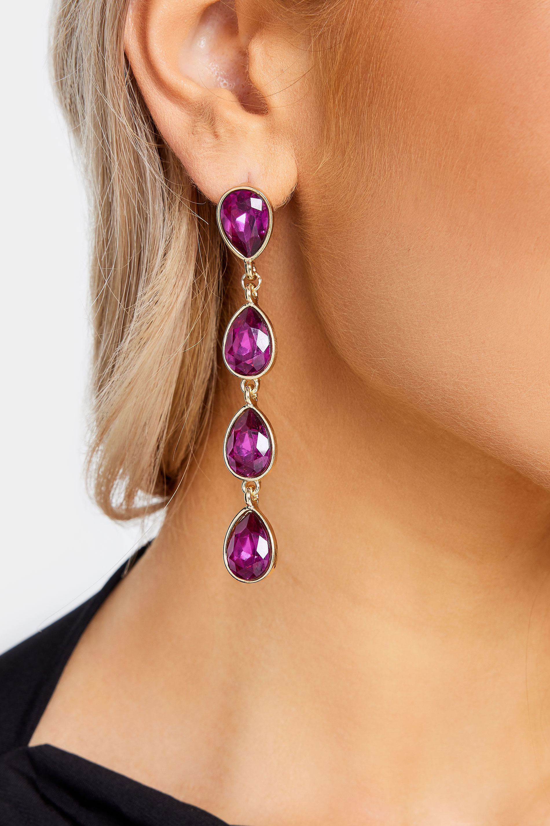Gold Tone & Pink Teardrop Crystal Statement Earrings | Yours Clothing 1