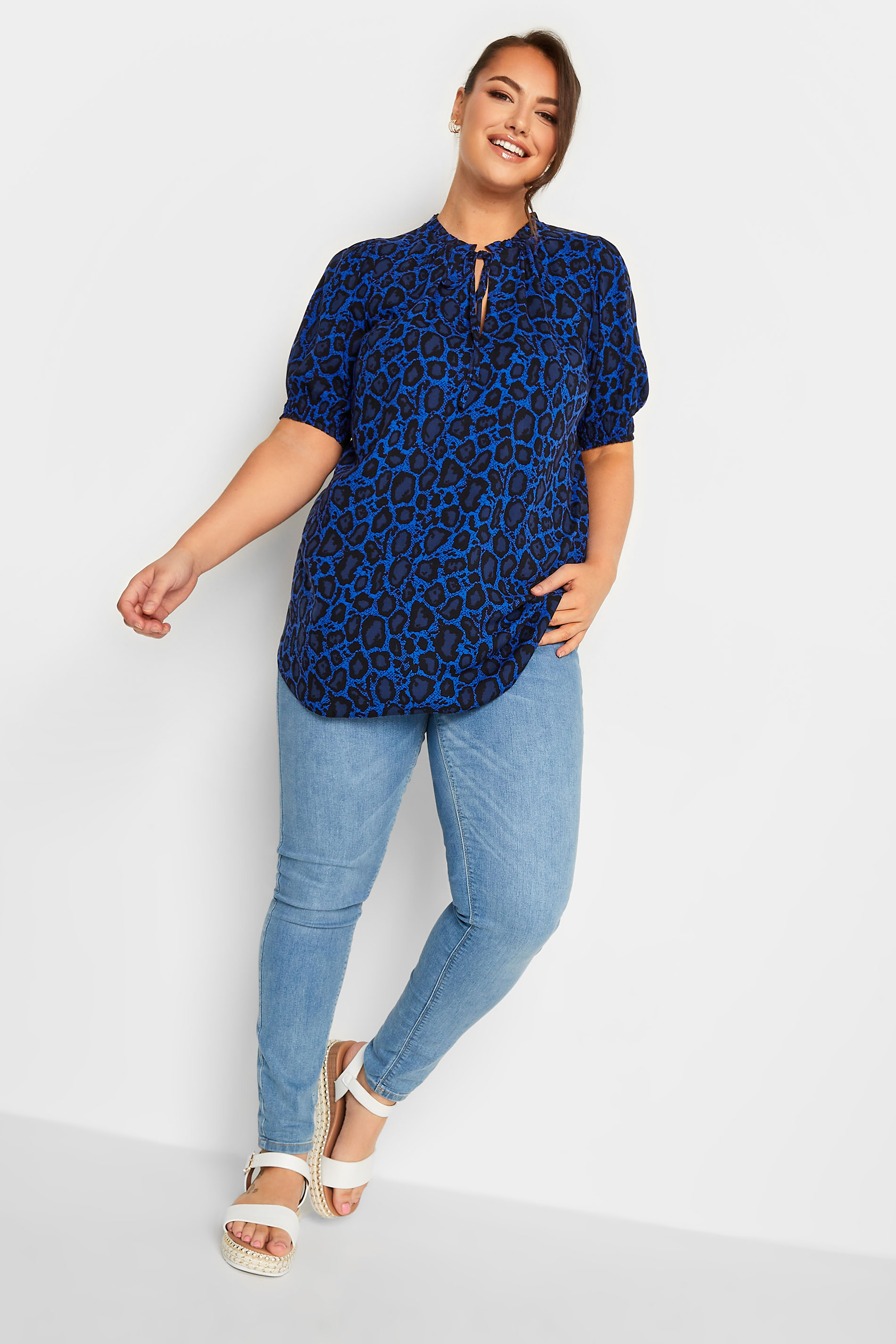 YOURS Plus Size Blue Animal Print Neck Tie Blouse | Yours Clothing 2
