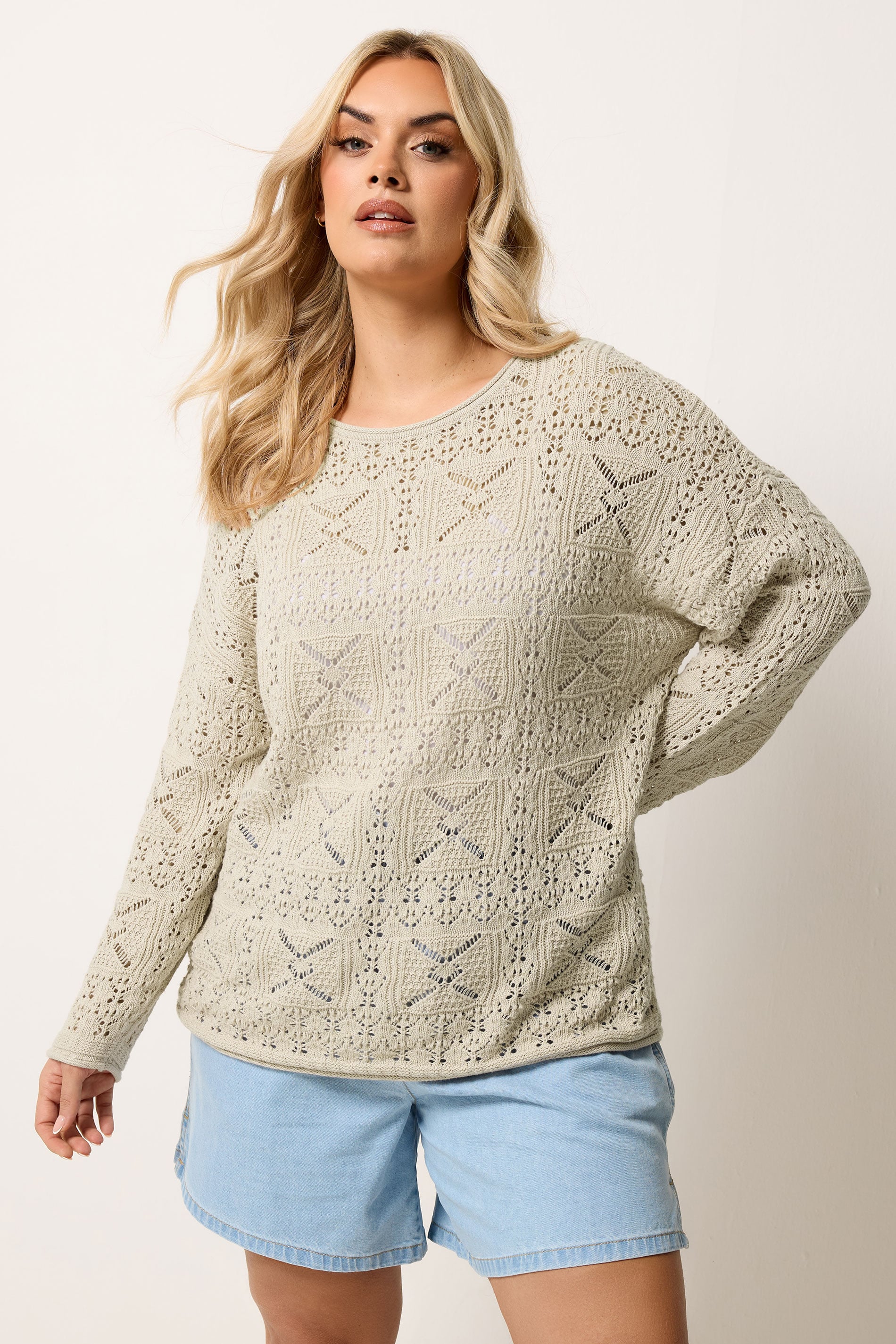 YOURS Plus Size Natural Brown Pointelle Stitch Jumper | Yours Clothing 3