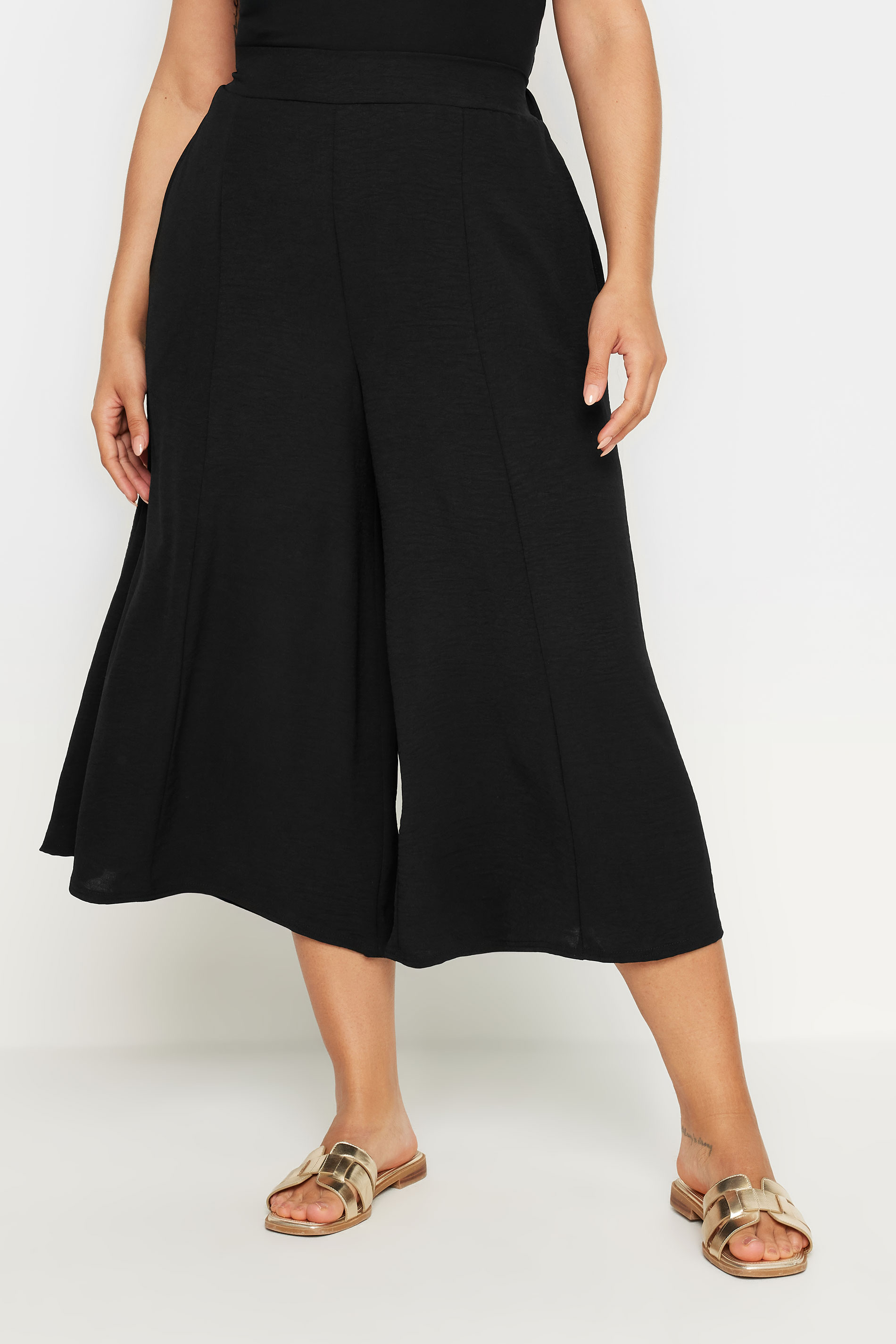 YOURS Plus Size Black Hammered Satin Wide Leg Culottes | Yours Clothing 3