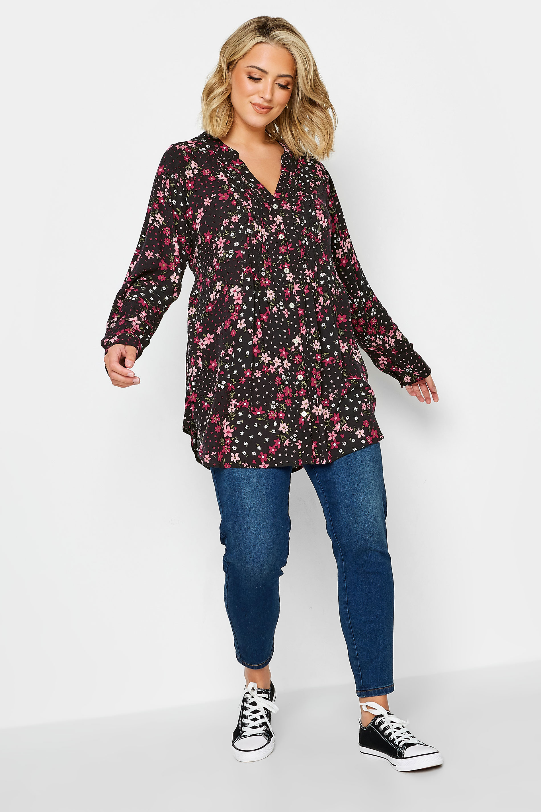 YOURS Curve Plus Size Black Floral Pintuck Shirt | Yours Clothing  2