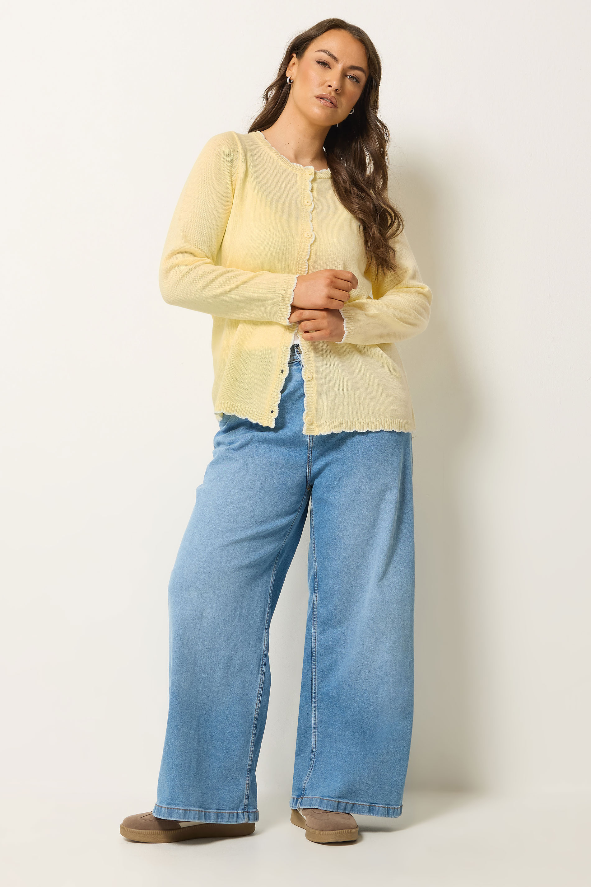 YOURS Plus Size Yellow Scallop Edge Cardigan | Yours Clothing 1
