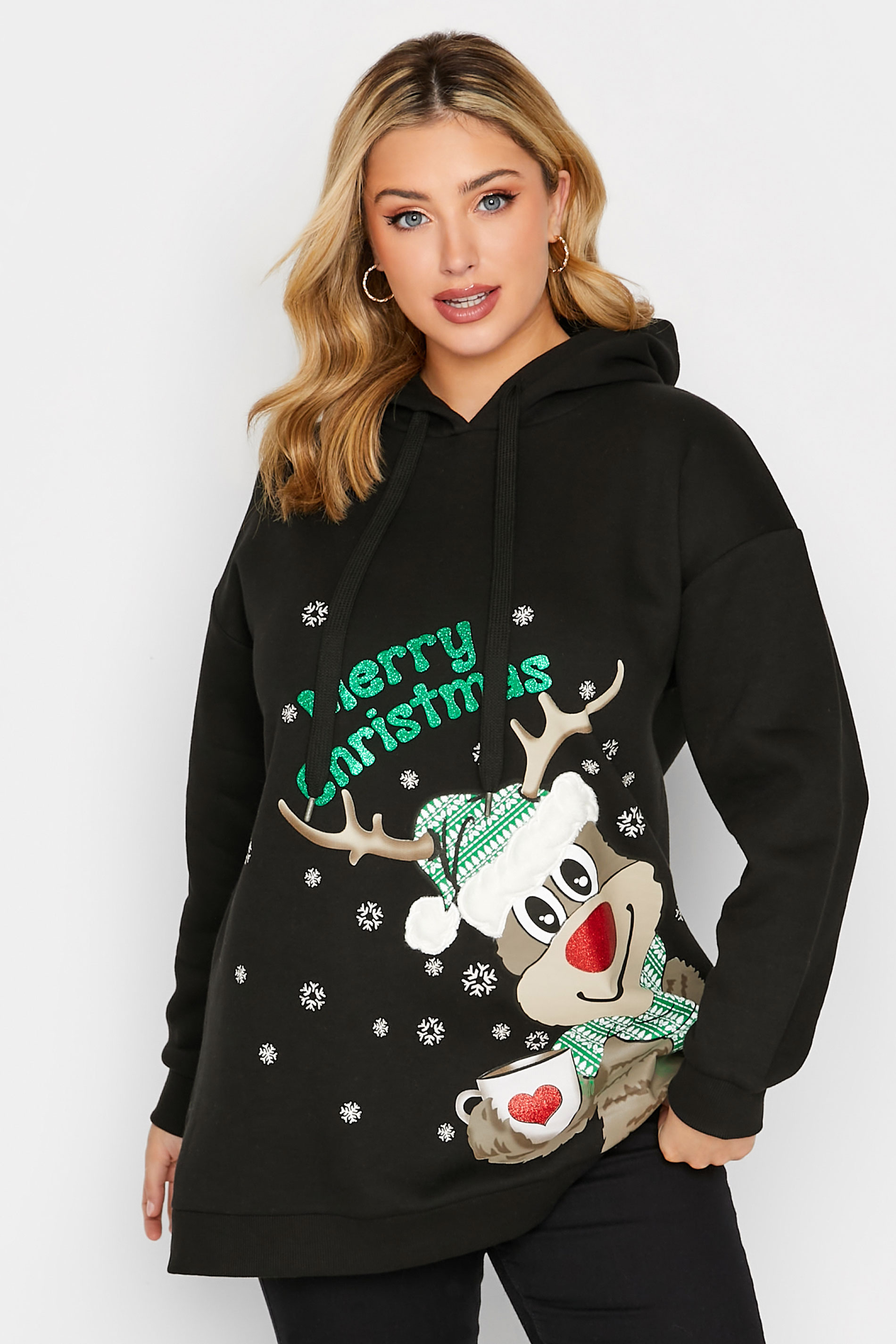 Plus Size Black Reindeer Print Christmas Novelty Hoodie | Yours Clothing 1