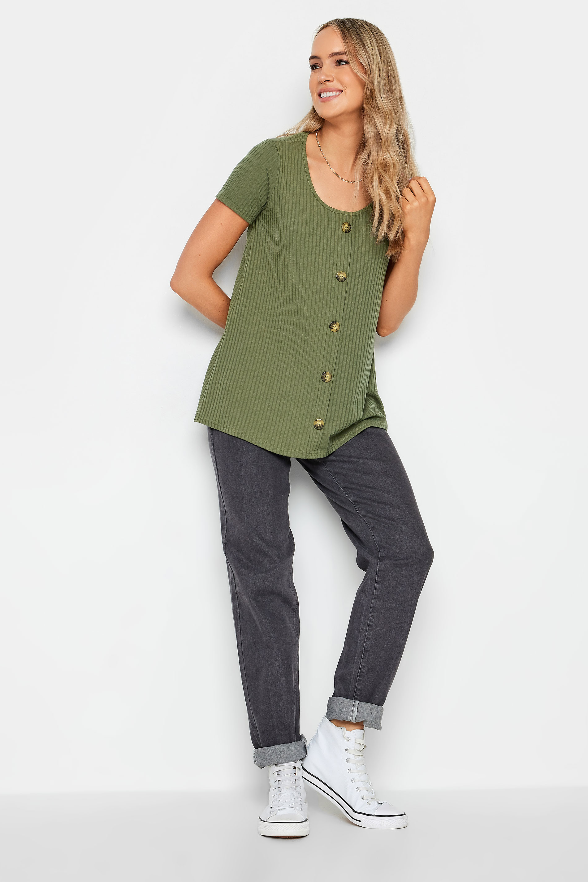 LTS Tall Khaki Green Ribbed Button Detail Swing T-Shirt | Long Tall Sally 2