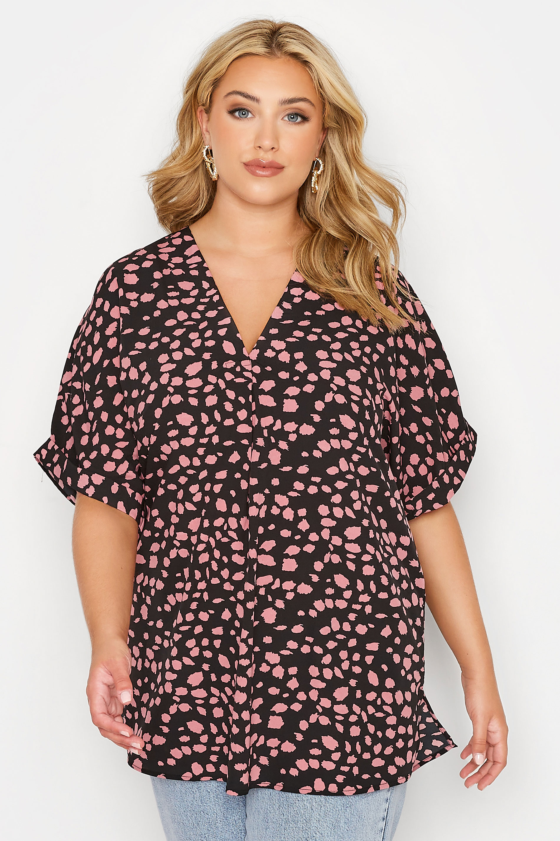 Plus Size Black & Pink Dalmatian Print Pleat Front V-Neck Top | Yours Clothing 3