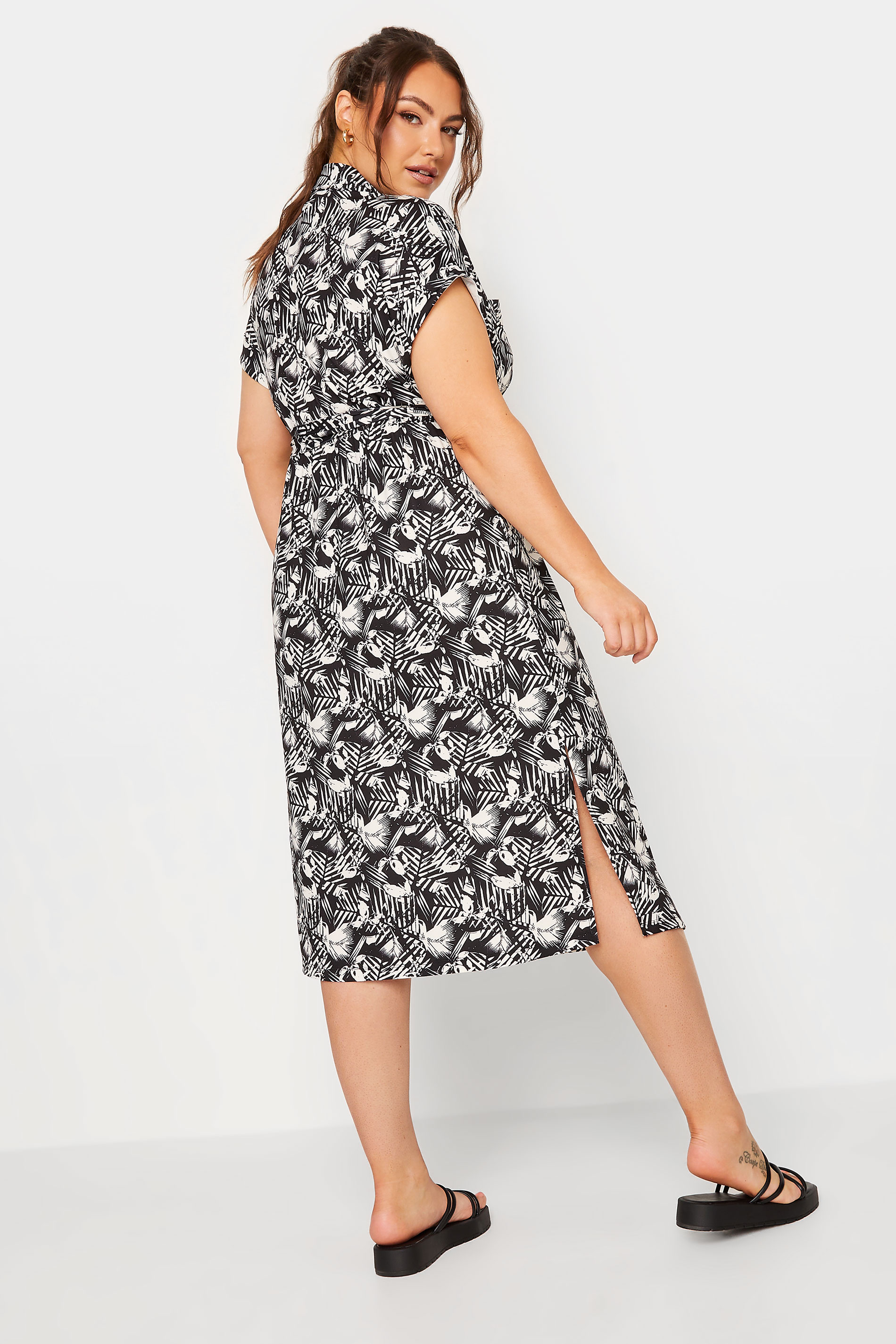 Plus Size Black & White Leaf Print Spilt Hem Midaxi Shirt Dress | Yours Clothing 3