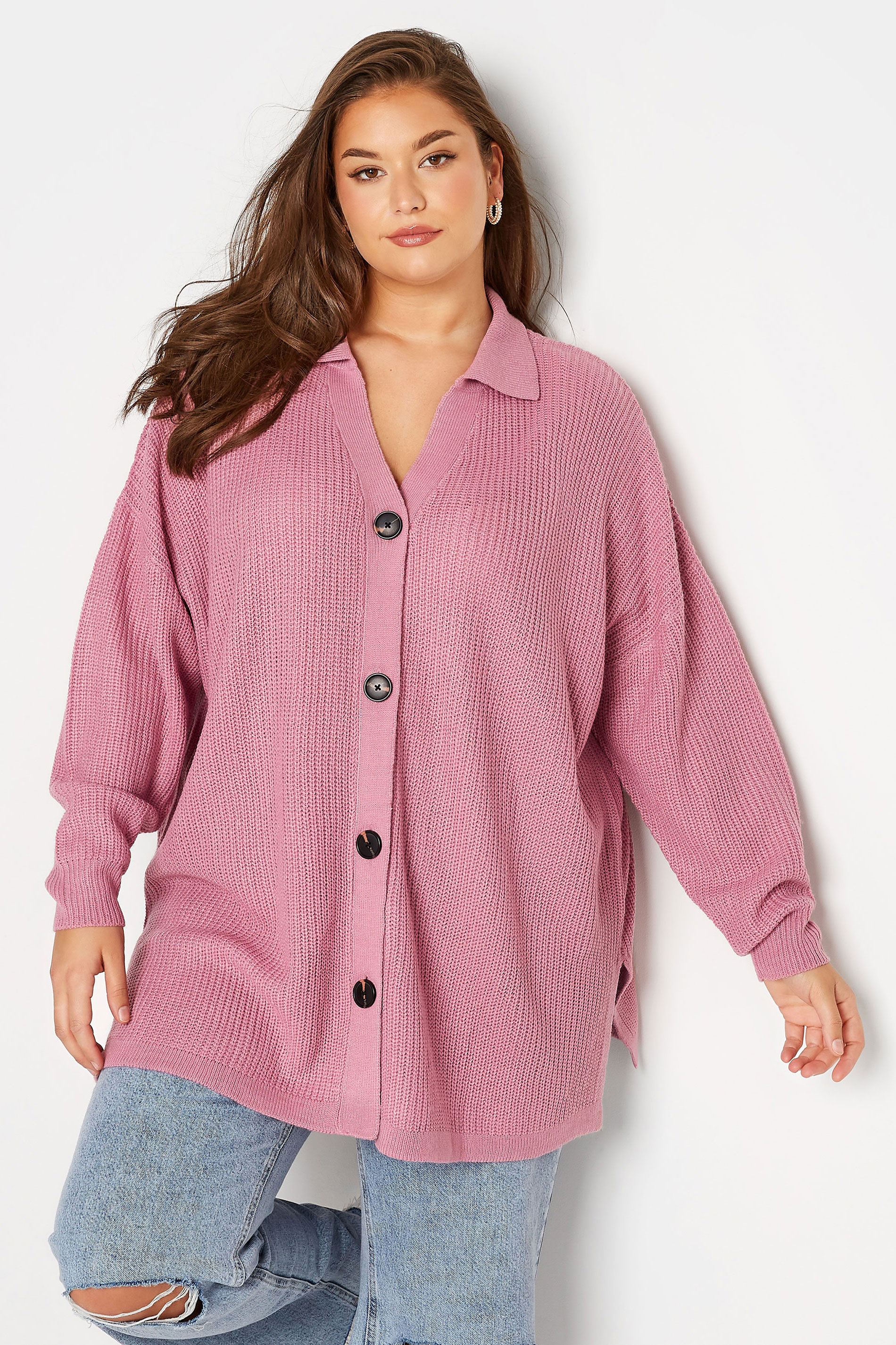 Plus Size Pink Knitted Collar Cardigan | Yours Clothing 1
